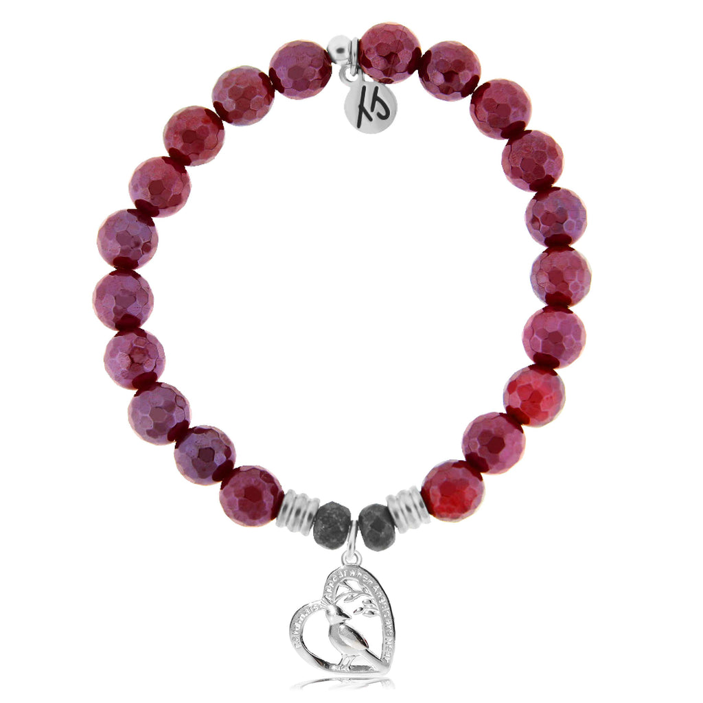 Maroon Jade Gemstone Bracelet with Cardinal Heart Cutout Sterling Silver Charm