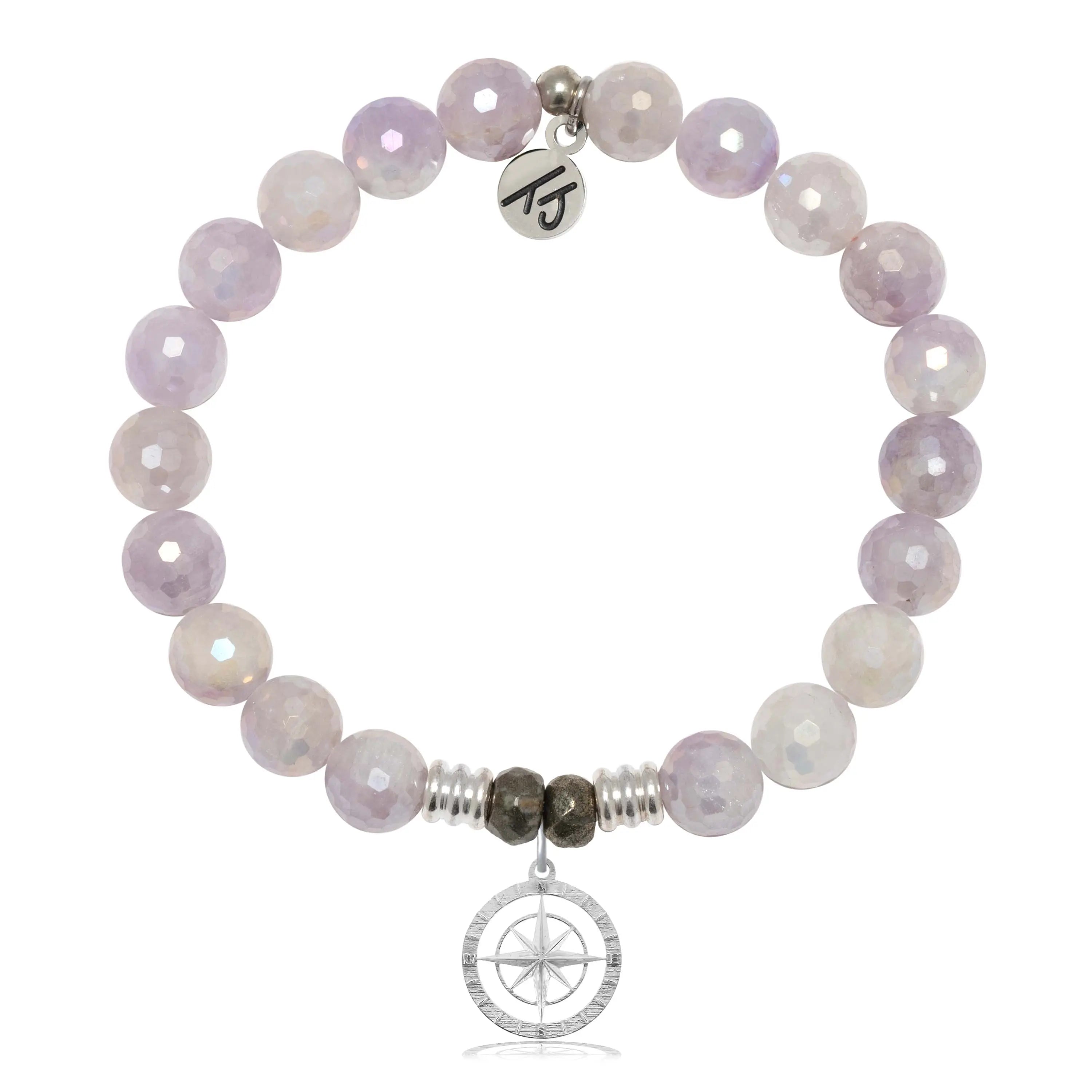 Mauve Jade Gemstone Bracelet with Compass Rose Sterling Silver Charm