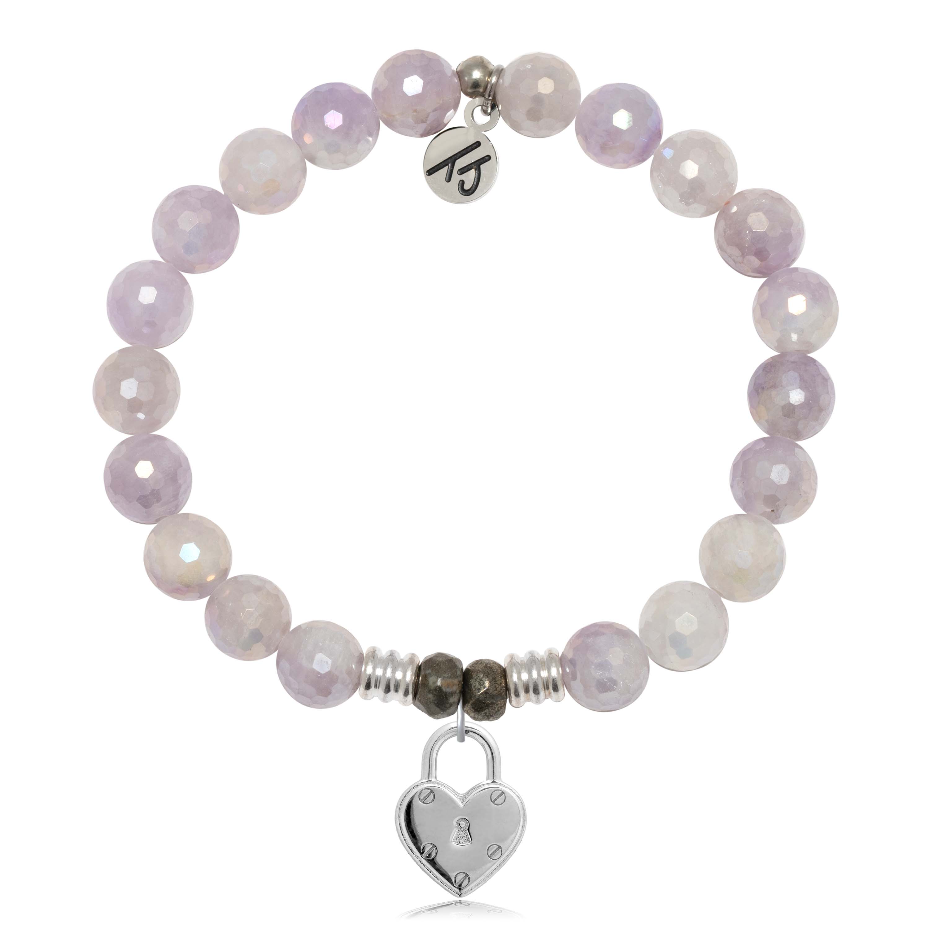 Mauve Jade Gemstone Bracelet with Love Lock Sterling Silver Charm