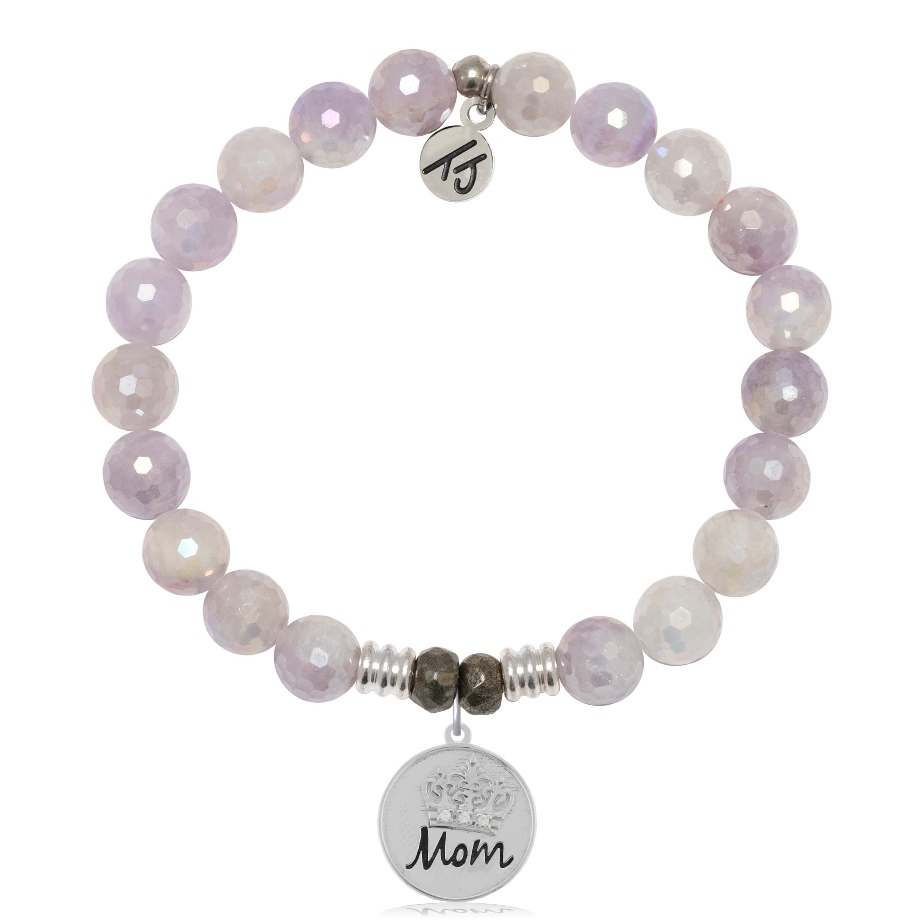 Mauve Jade Gemstone Bracelet with Mom Crown Sterling Silver Charm