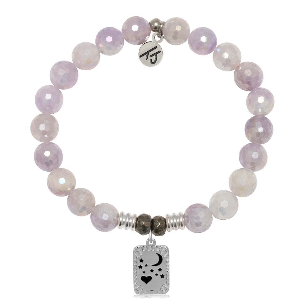Mauve Jade Gemstone Bracelet with Moon and Back Sterling Silver Charm
