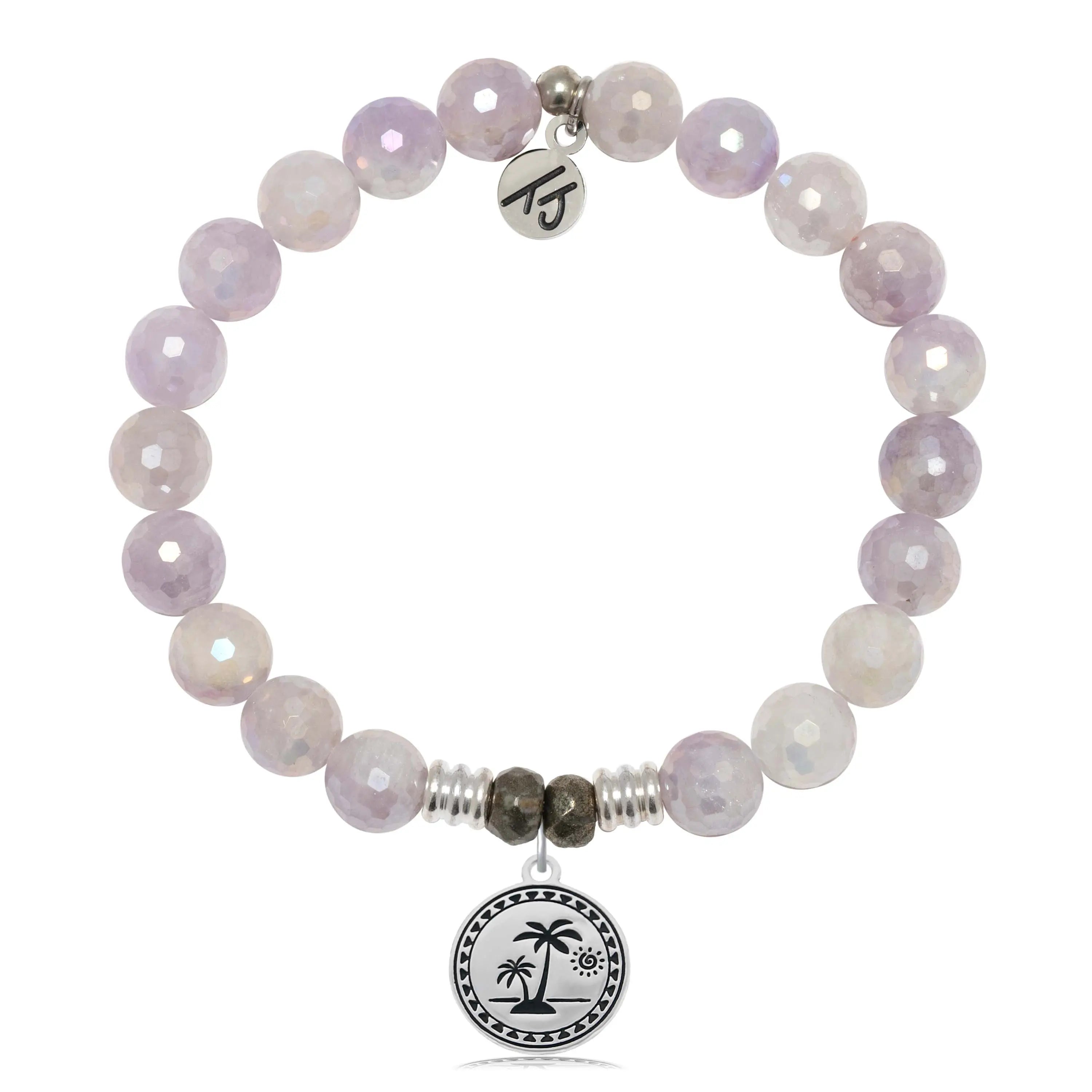 Mauve Jade Gemstone Bracelet with Palm Tree Sterling Silver Charm