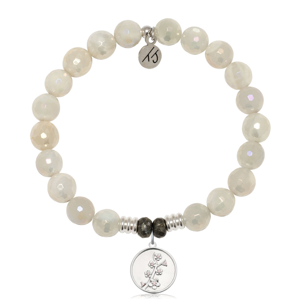 Moonstone Gemstone Bracelet with Cherry Blossom Sterling Silver Charm