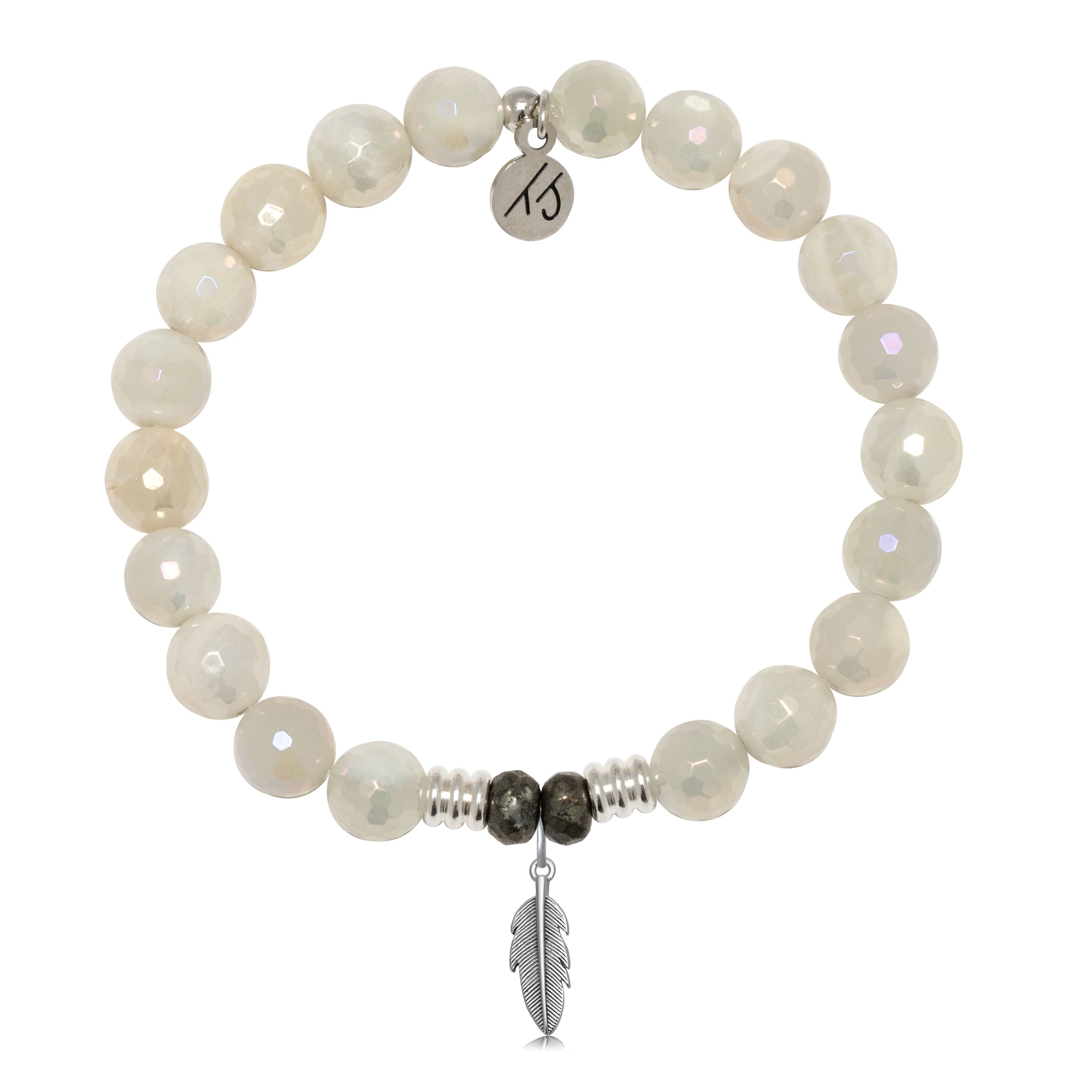 Moonstone Gemstone Bracelet with Feather Sterling Silver Charm