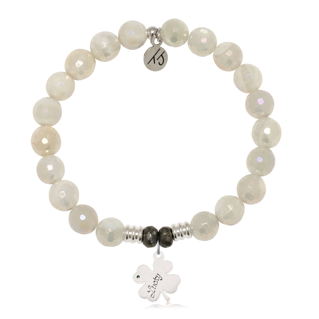 Moonstone Gemstone Bracelet with Lucky Clover Sterling Silver Charm