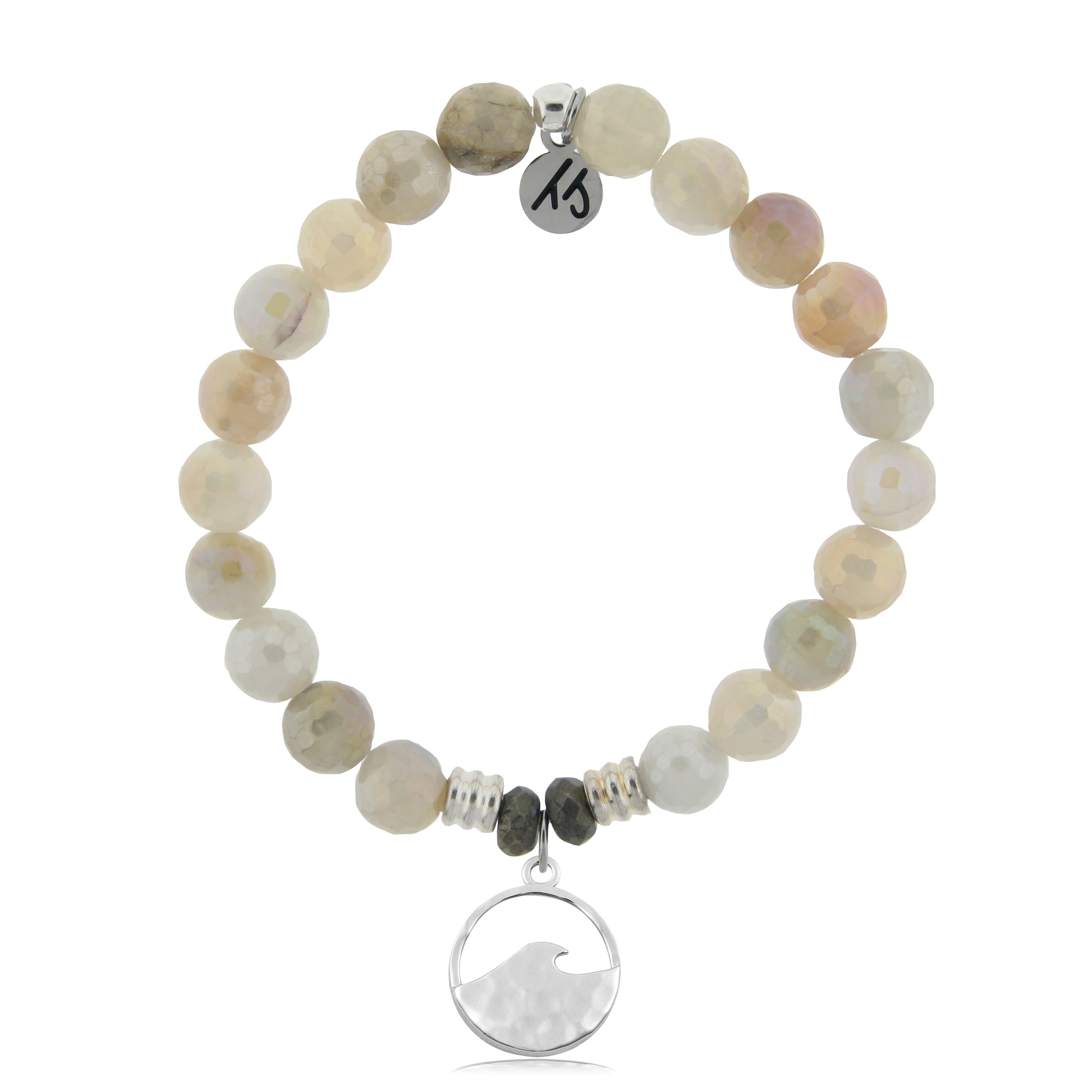 Moonstone Stone Bracelet with Hammered Waves Sterling Silver Charm
