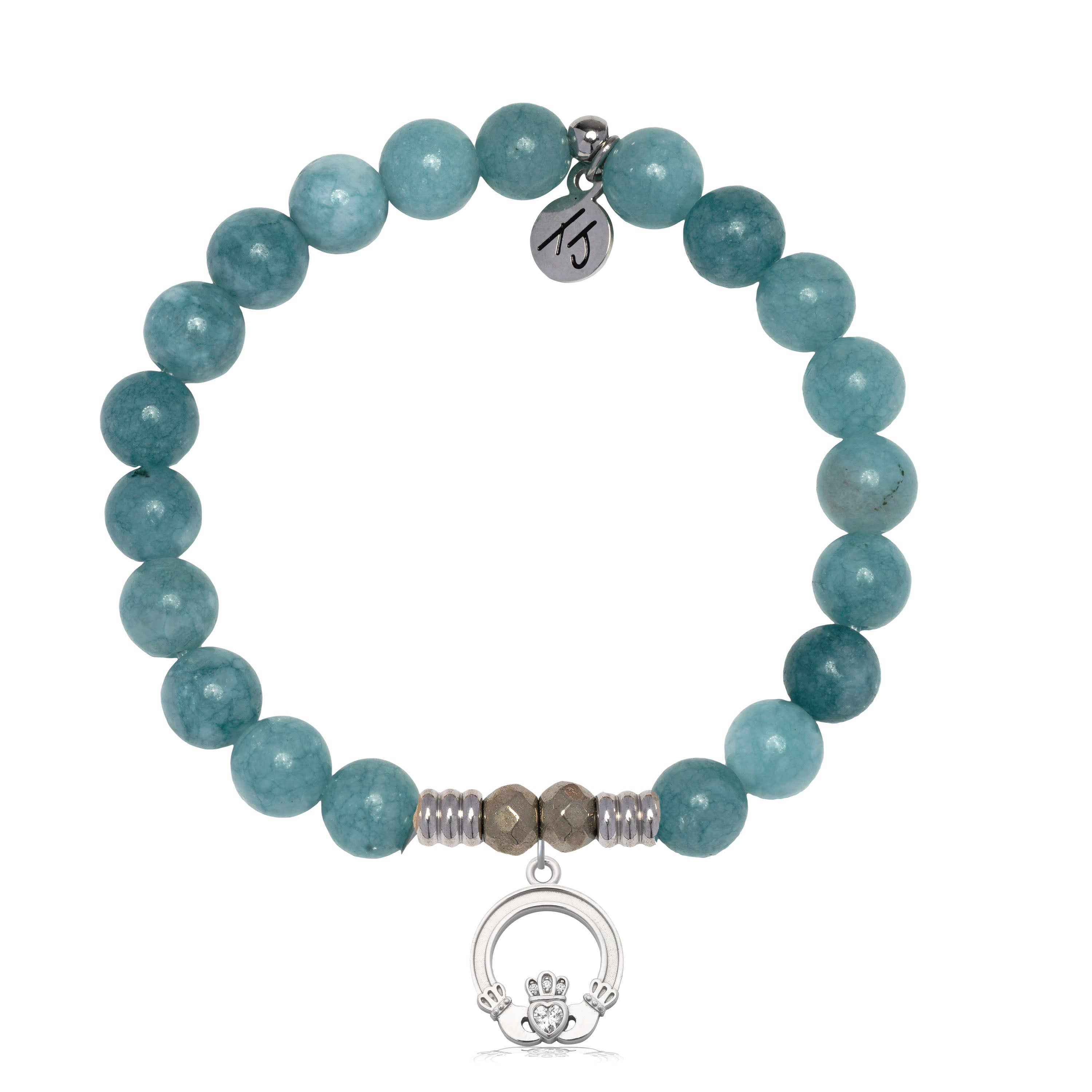Mountain Blue Jade Gemstone Bracelet with Claddagh Sterling Silver Charm