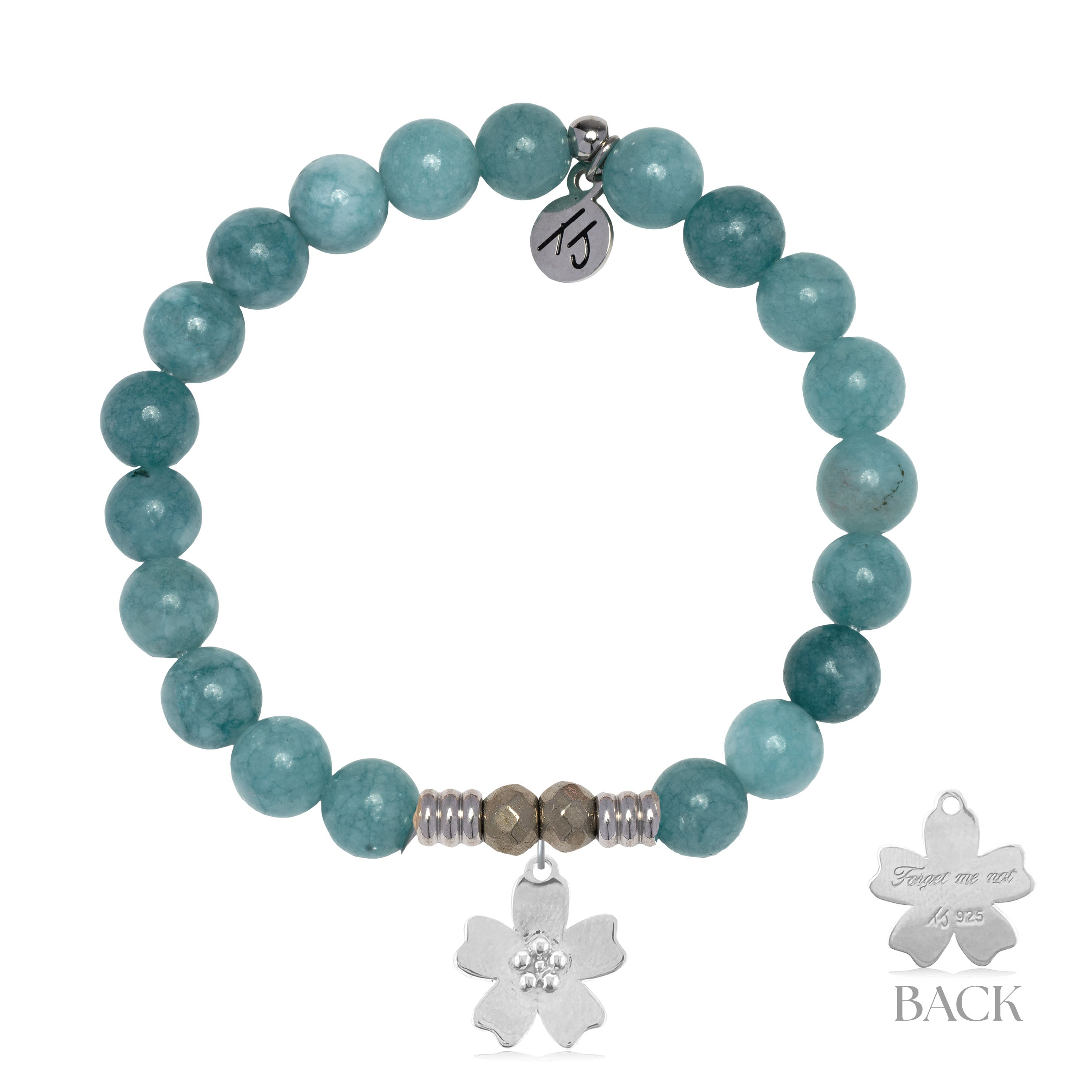 Mountain Blue Jade Gemstone Bracelet with Forget Me Not Sterling Silver Charm