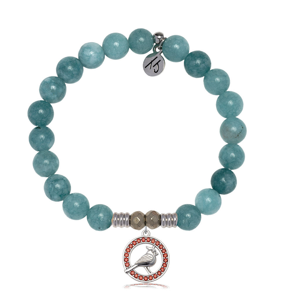 Mountain Blue Jade Gemstone Bracelet with Garnet Cardinal CZ Sterling Silver Charm