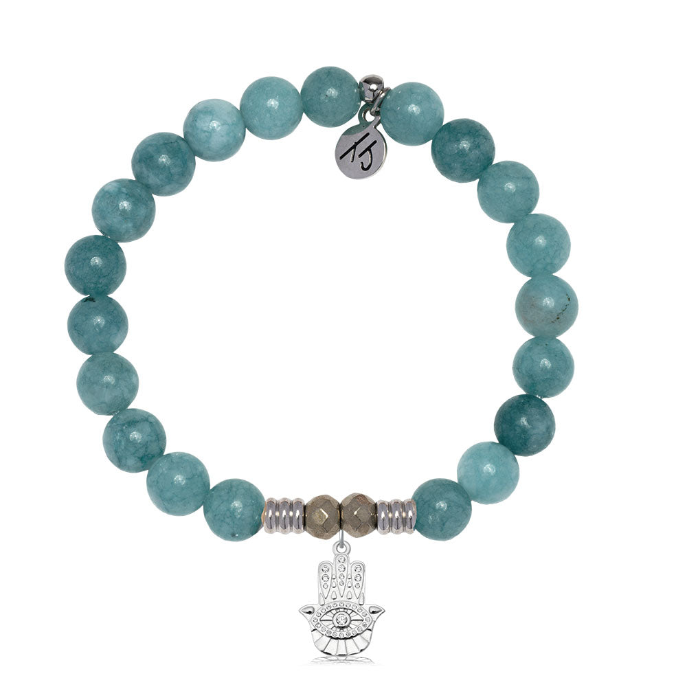 Mountain Blue Jade Gemstone Bracelet with Hamsa CZ Sterling Silver Charm