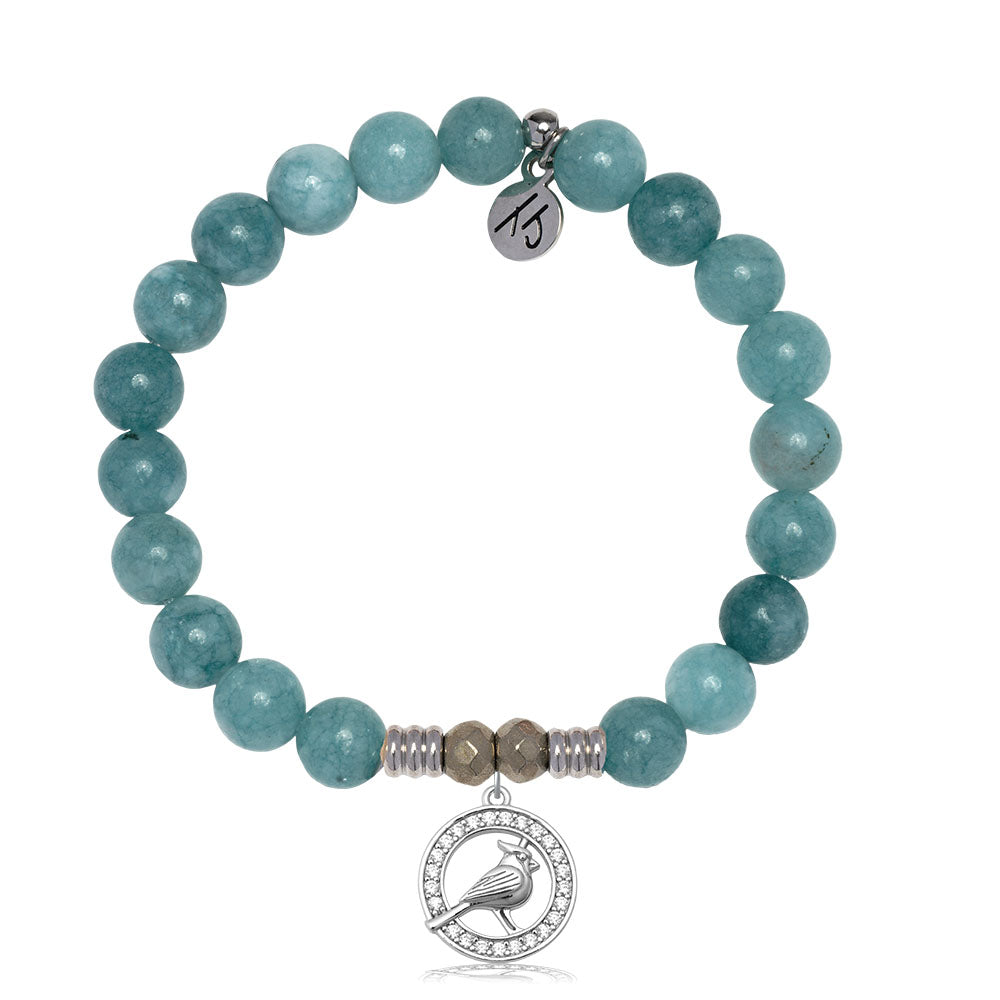 Mountain Blue Jade Gemstone Bracelet with White Cardinal CZ Sterling Silver Charm