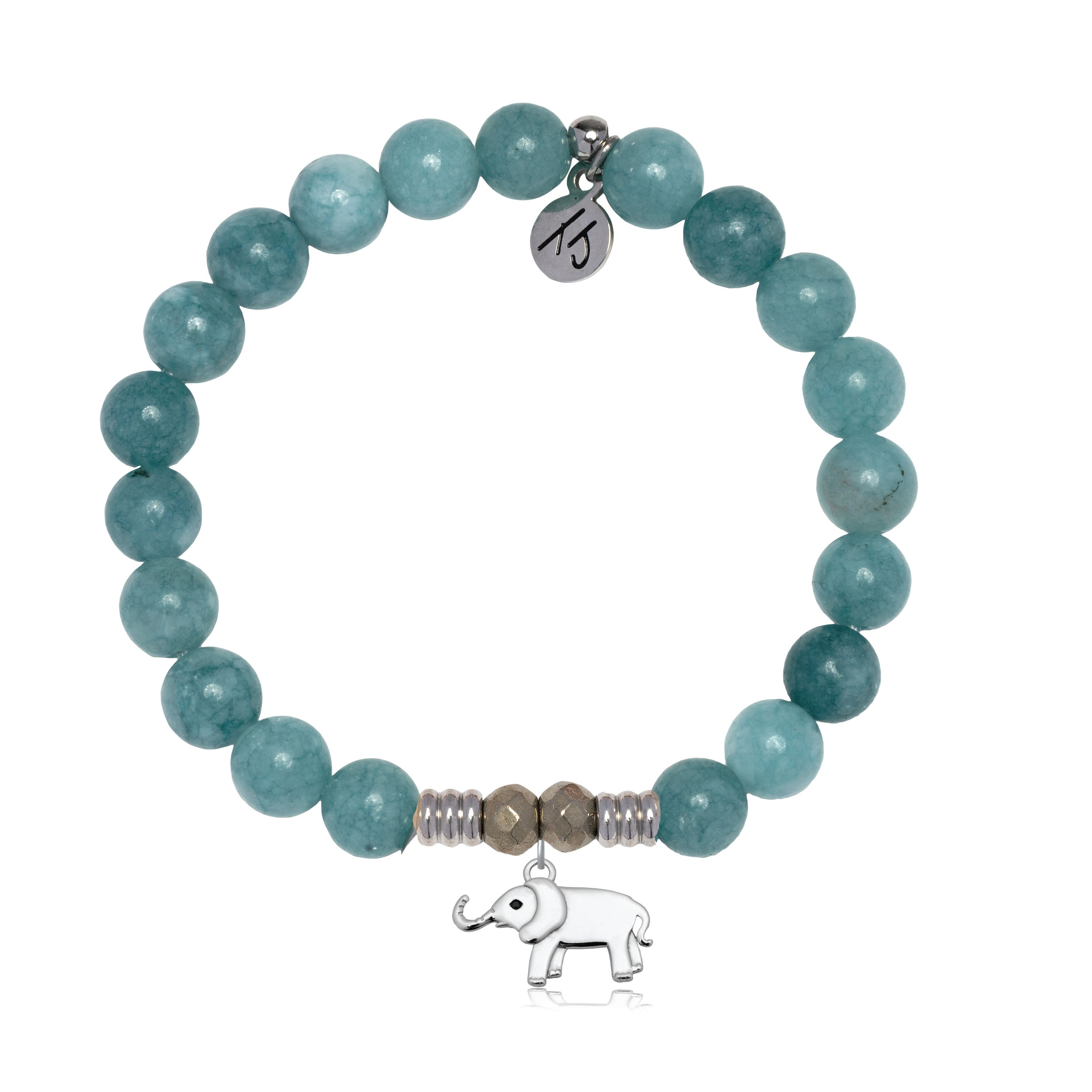 Mountain Jade Gemstone Bracelet with Lucky Elephant Cutout Sterling Silver Charm