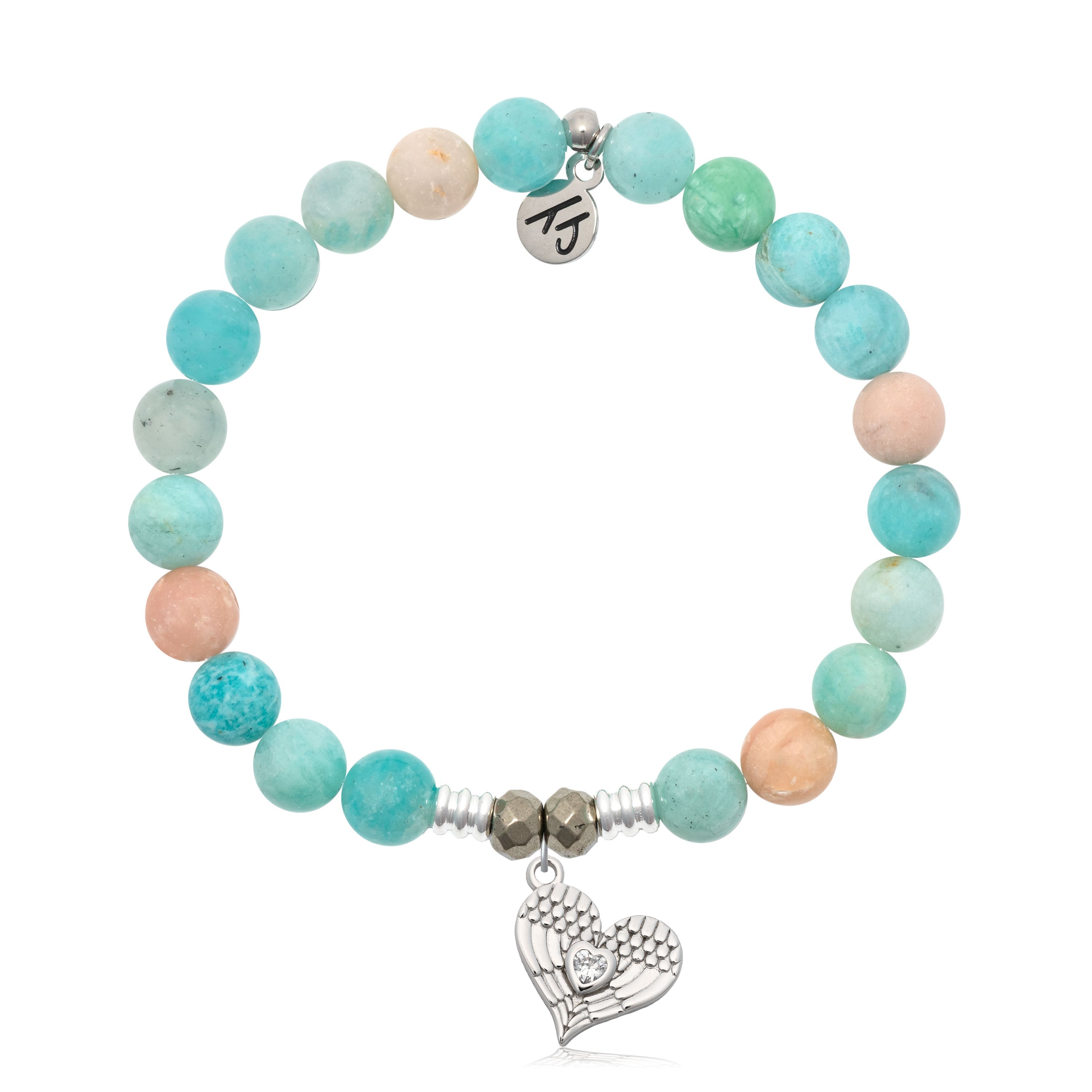 Multi Amazonite Gemstone Bracelet with Angel Love Sterling Silver Charm