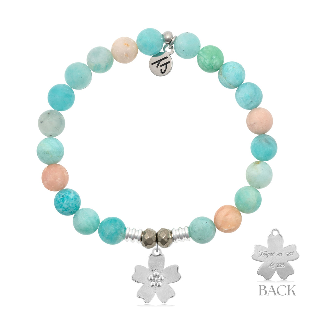 Multi Amazonite Gemstone Bracelet with Forget Me Not Sterling Silver Charm