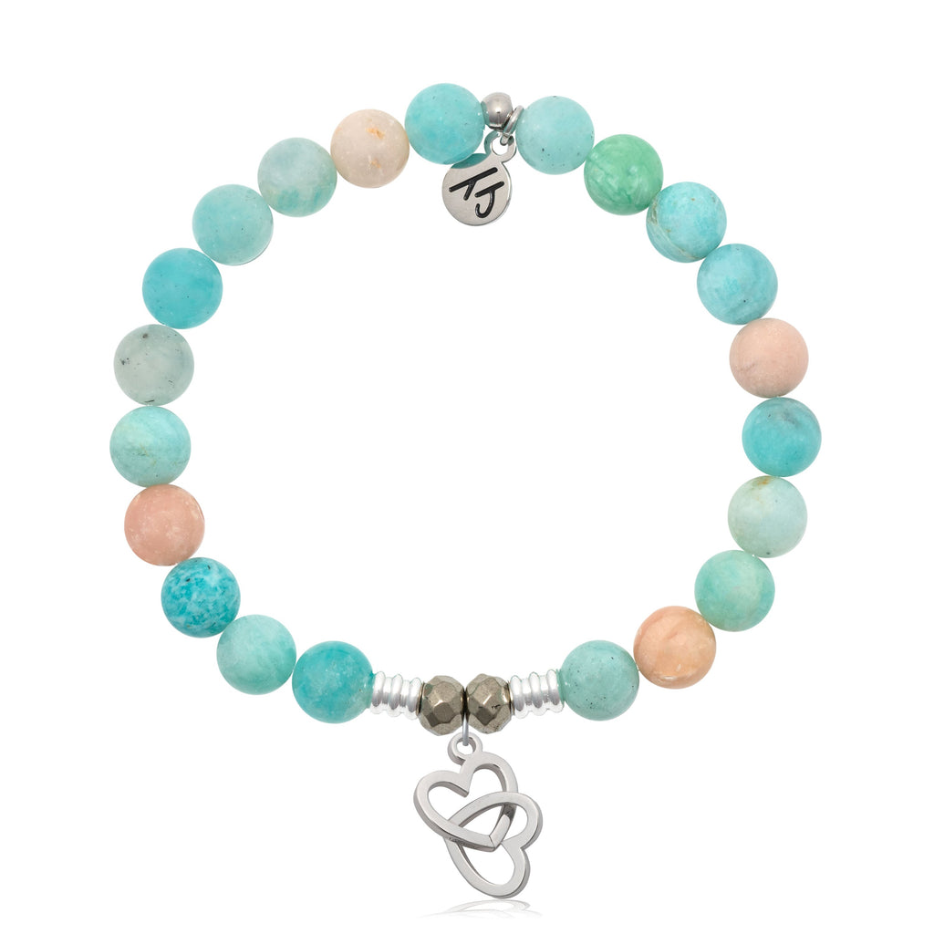 Multi Amazonite Gemstone Bracelet with Linked Hearts Sterling Silver Charm