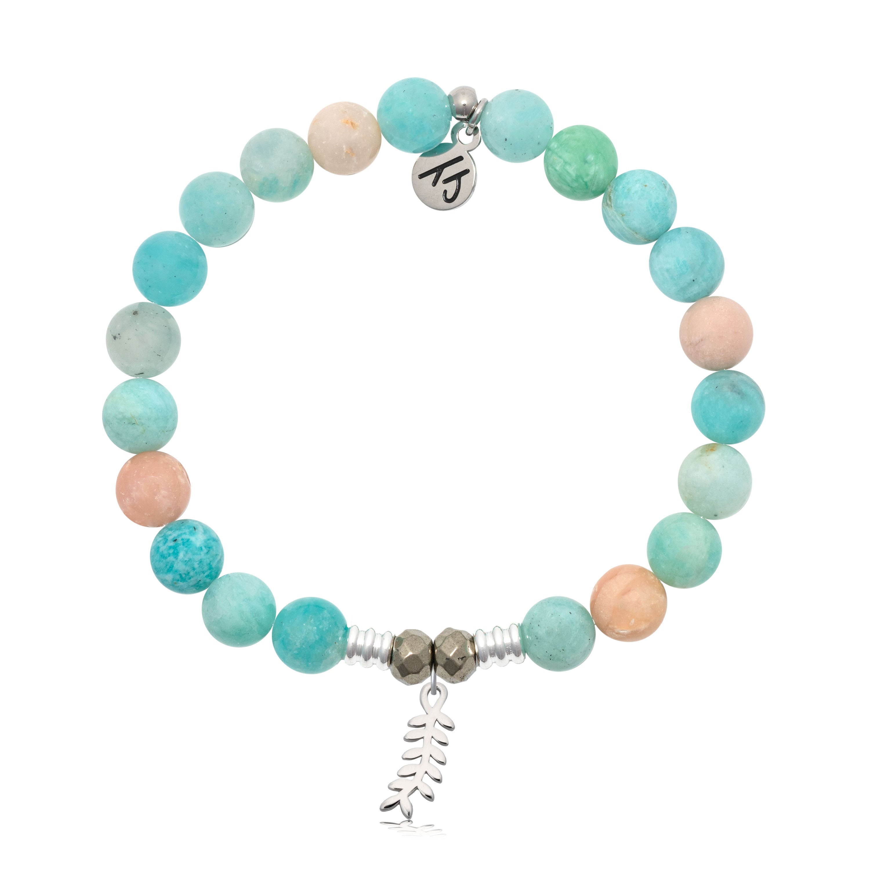 Multi Amazonite Gemstone Bracelet with Olive Branch Sterling Silver Charm