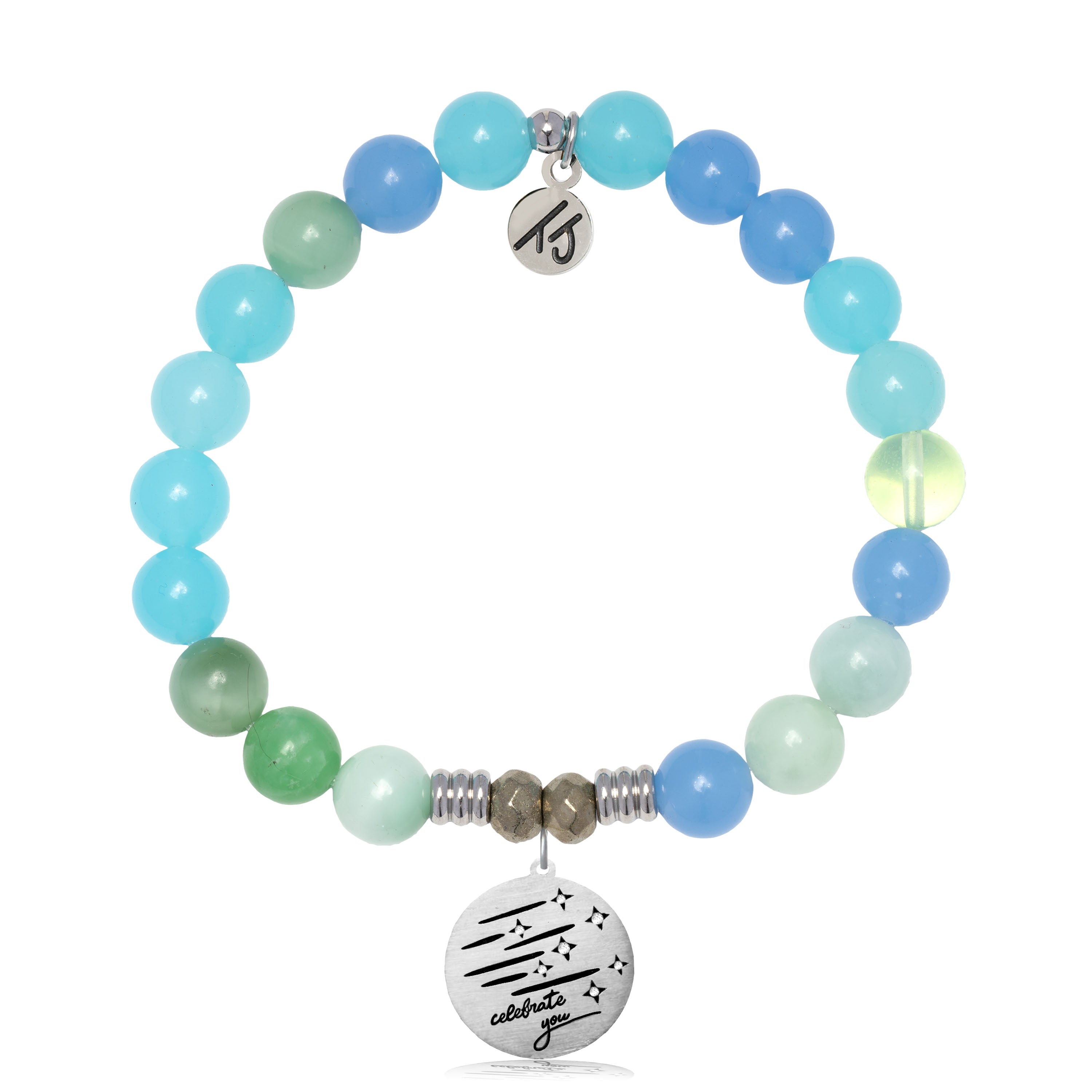 Multi Blue Jade Gemstone Bracelet with Birthday Wishes Sterling Silver Charm