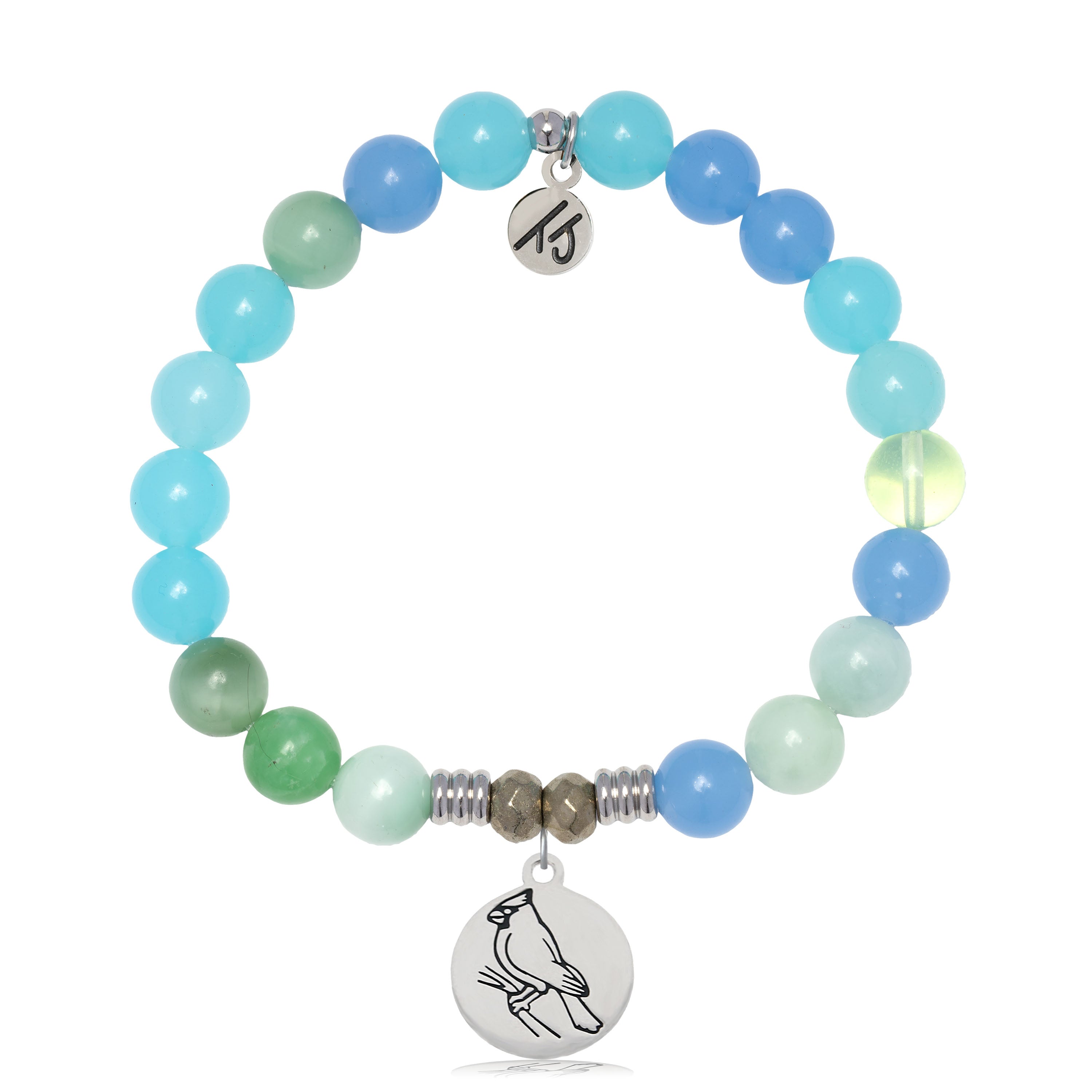 Multi Blue Jade Gemstone Bracelet with Cardinal Sterling Silver Charm