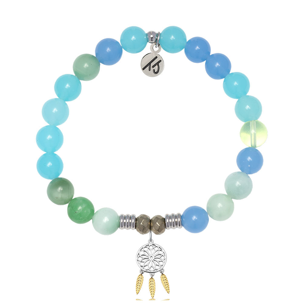 Multi Blue Jade Gemstone Bracelet with Dream Catcher Sterling Silver Charm