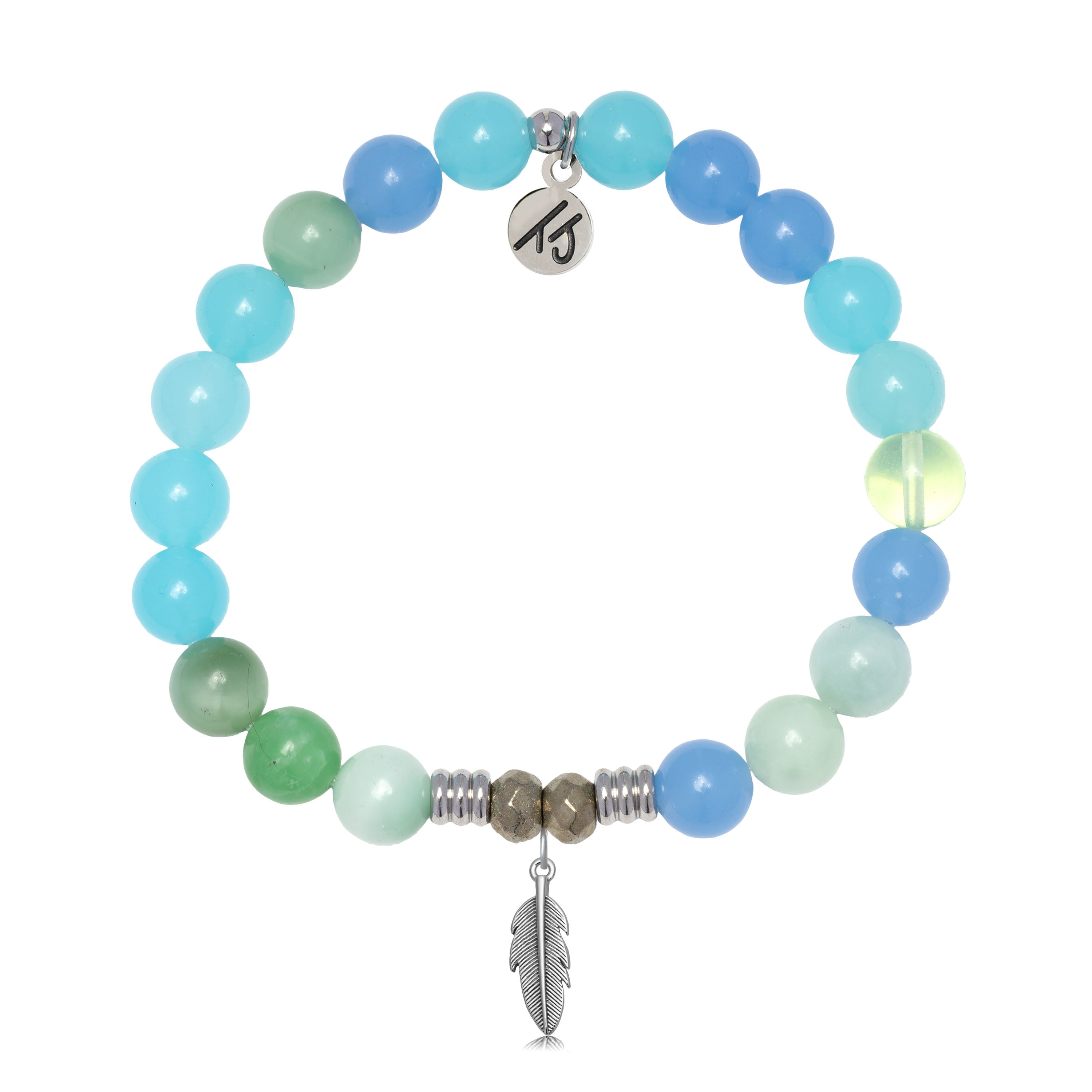 Multi Blue Jade Gemstone Bracelet with Feather Sterling Silver Charm