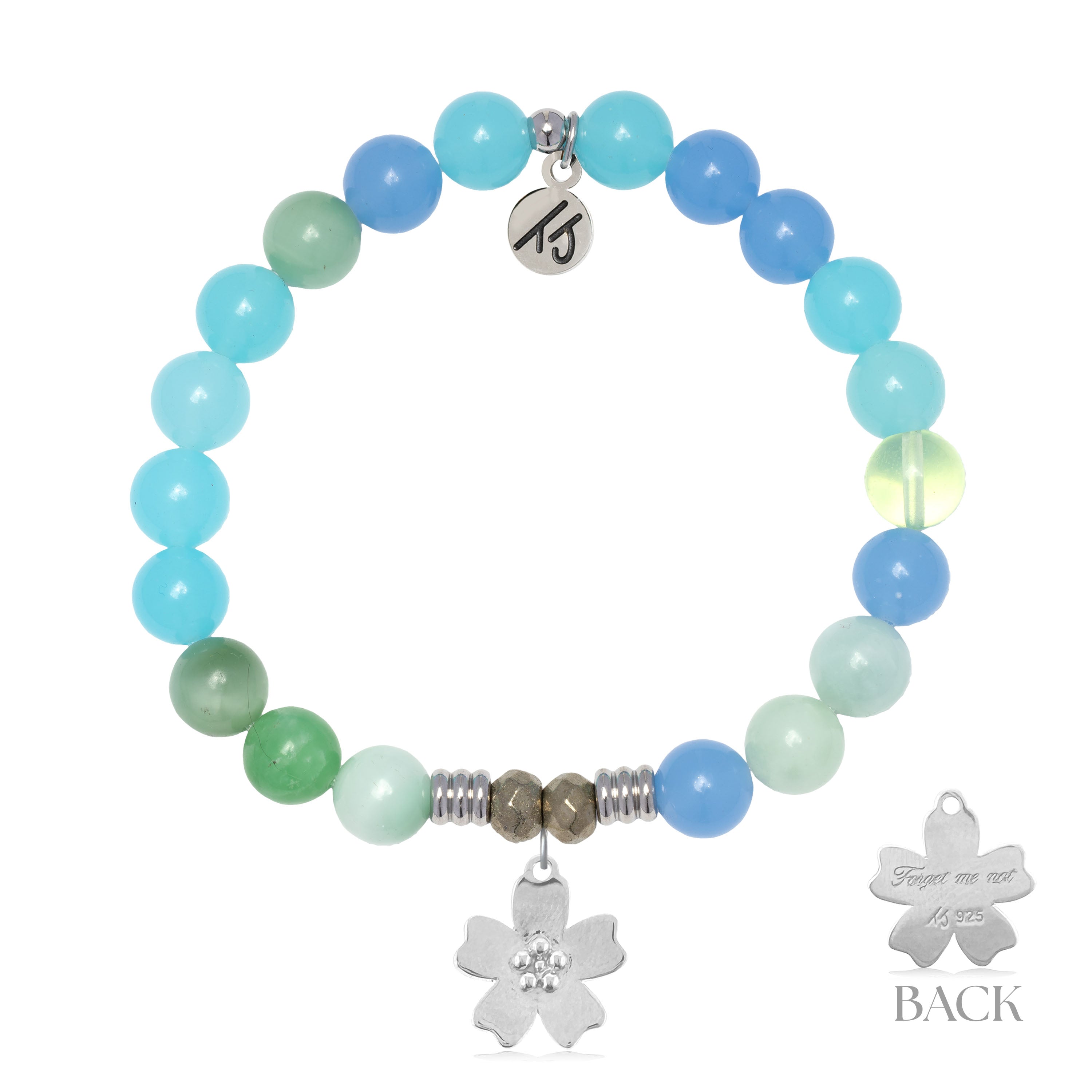 Multi Blue Jade Gemstone Bracelet with Forget Me Not Sterling Silver Charm