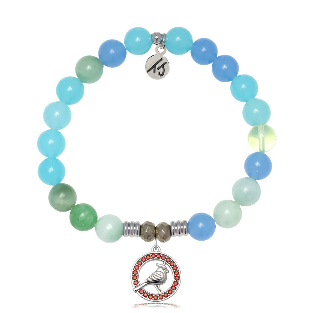 Multi Blue Jade Gemstone Bracelet with Garnet Cardinal CZ Sterling Silver Charm