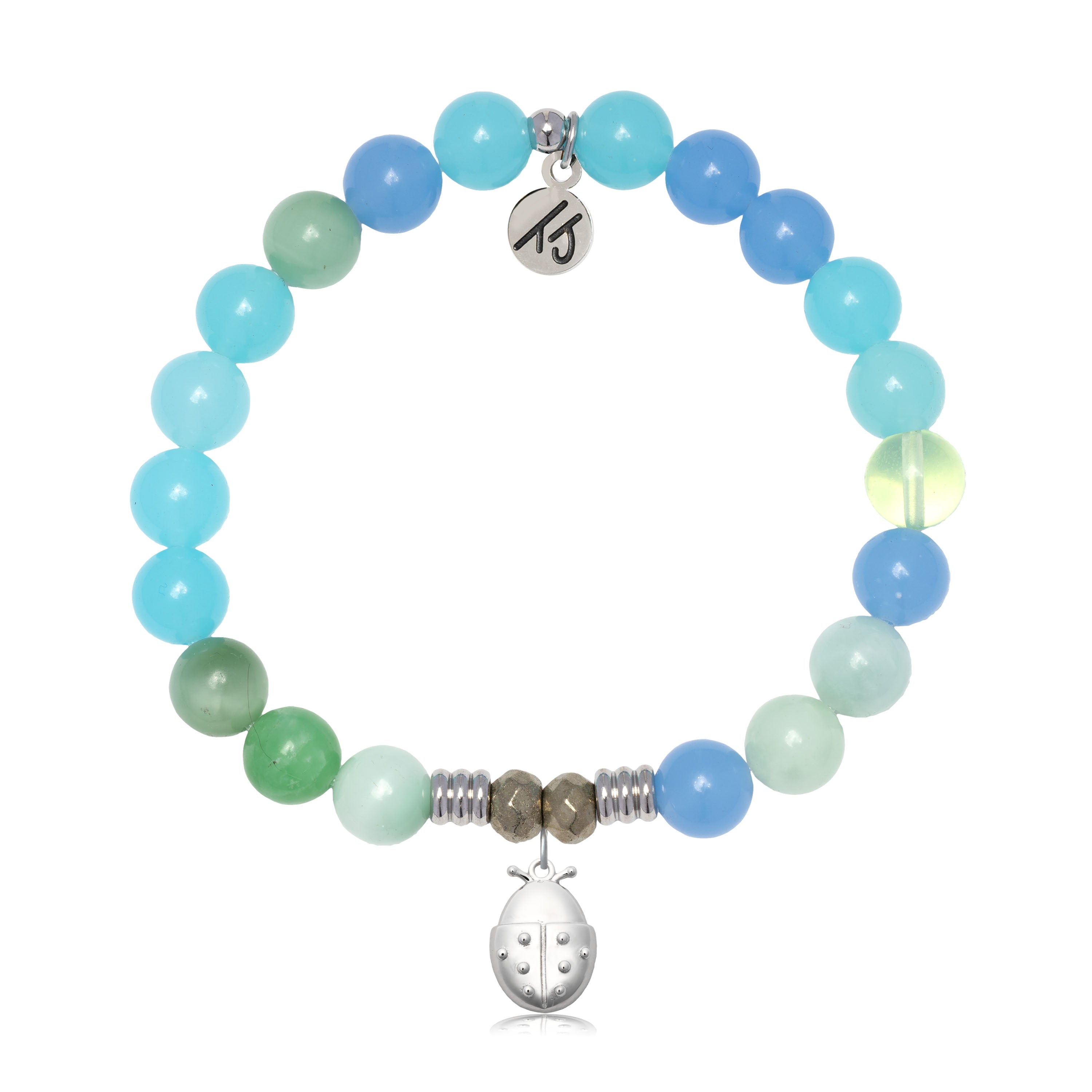 Multi Blue Jade Gemstone Bracelet with Ladybug Sterling Silver Charm