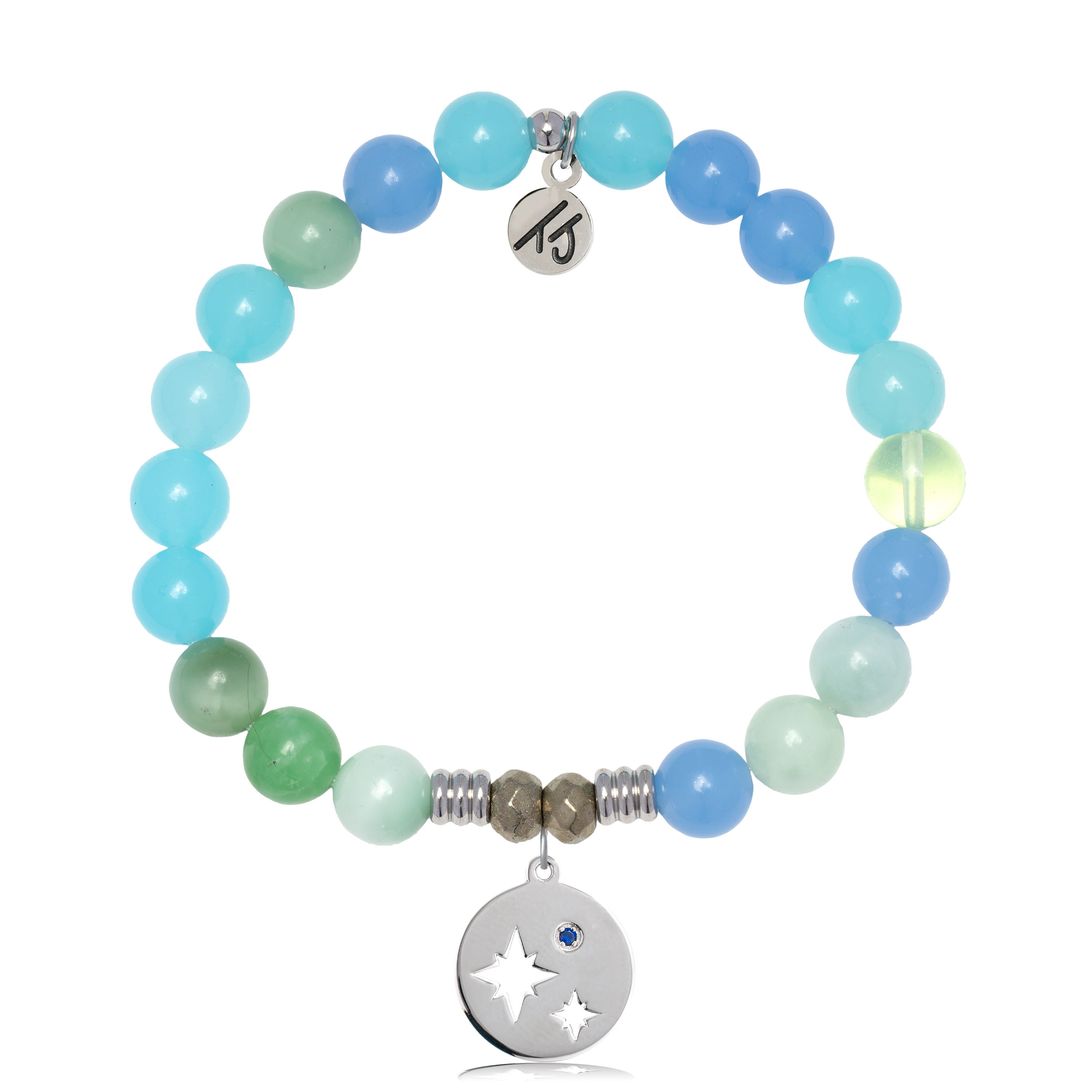 Multi Blue Jade Gemstone Bracelet with Mother Son Sterling Silver Charm