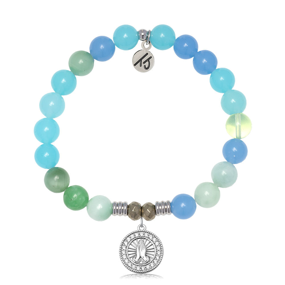 Multi Blue Jade Gemstone Bracelet with Prayers CZ Sterling Silver Charm