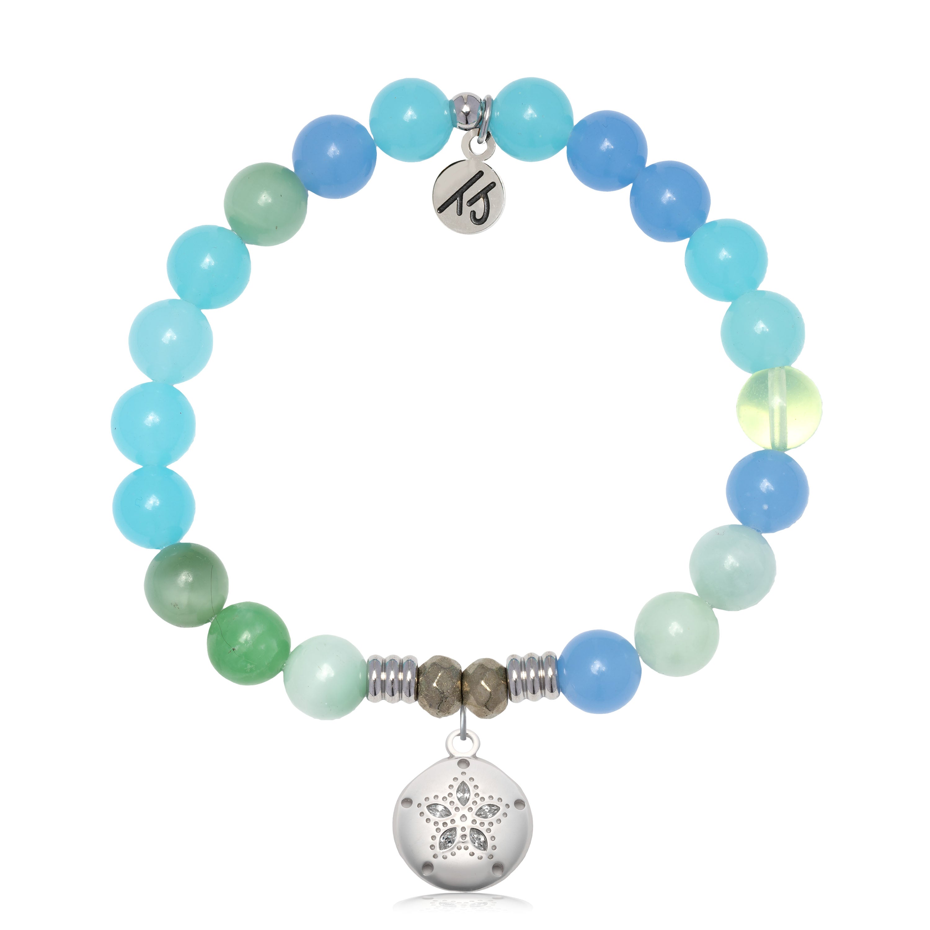 Multi Blue Jade Gemstone Bracelet with Sand Dollar CZ Sterling Silver Charm