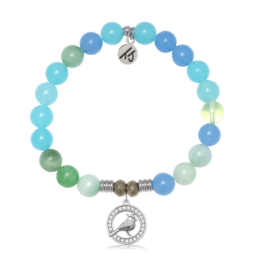 Multi Blue Jade Gemstone Bracelet with White Cardinal CZ Sterling Silver Charm