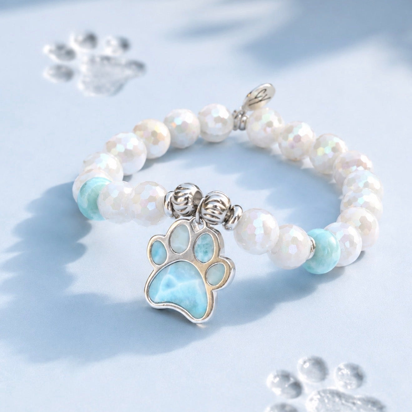 National Dog Day Exclusive with Larimar Sterling Silver Paw Charm & Moonstone Gemstone Bracelet