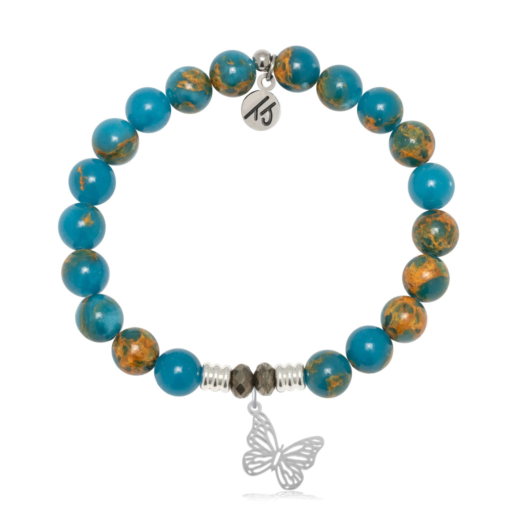 Ocean Jasper Gemstone Bracelet with Butterfly Sterling Silver Charm