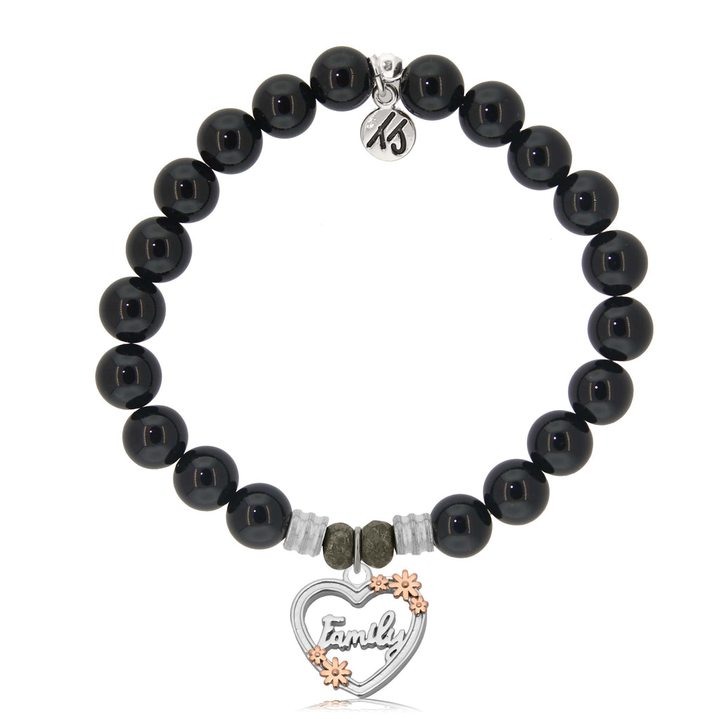 Onyx Gemstone Bracelet with Heart Family Sterling Silver Charm