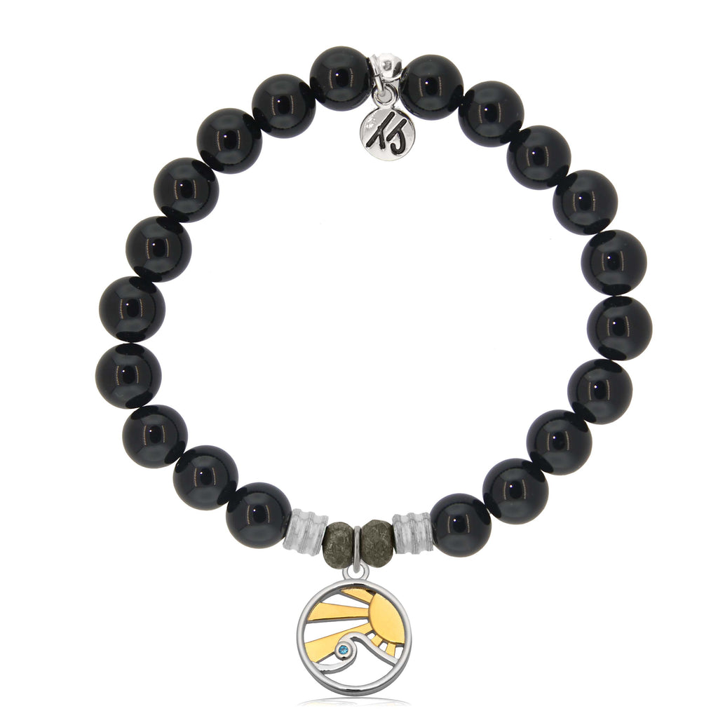 Onyx Gemstone Bracelet with Rising Sun Sterling Silver Charm