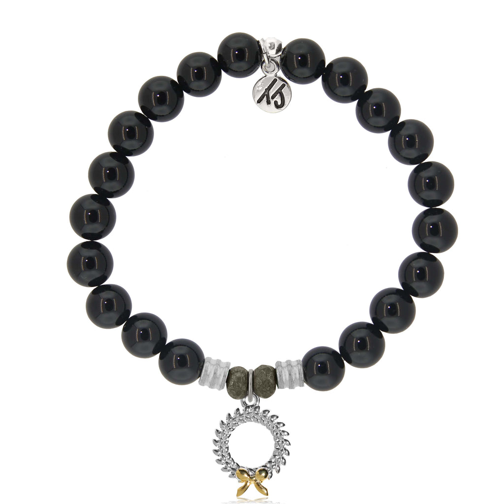 Onyx Gemstone Bracelet with Wreath Sterling Silver Charm