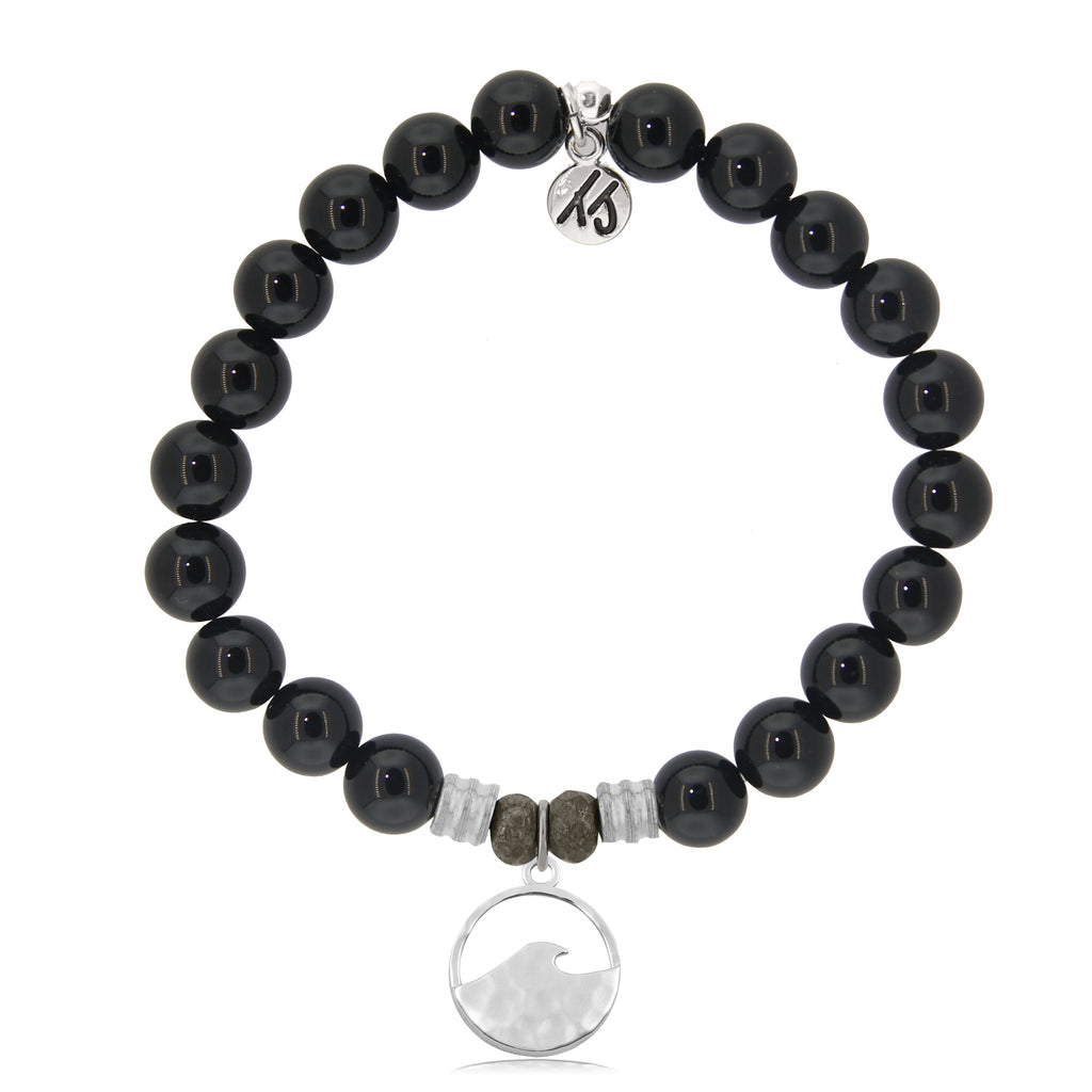 Onyx Stone Bracelet with Hammered Waves Sterling Silver Charm