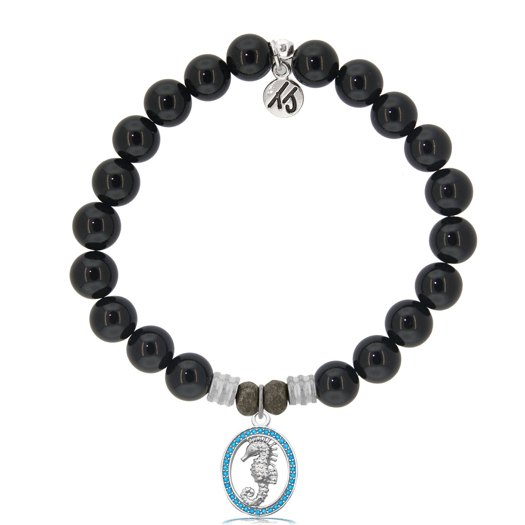 Onyx Stone Bracelet with Seahorse Sterling Silver Charm