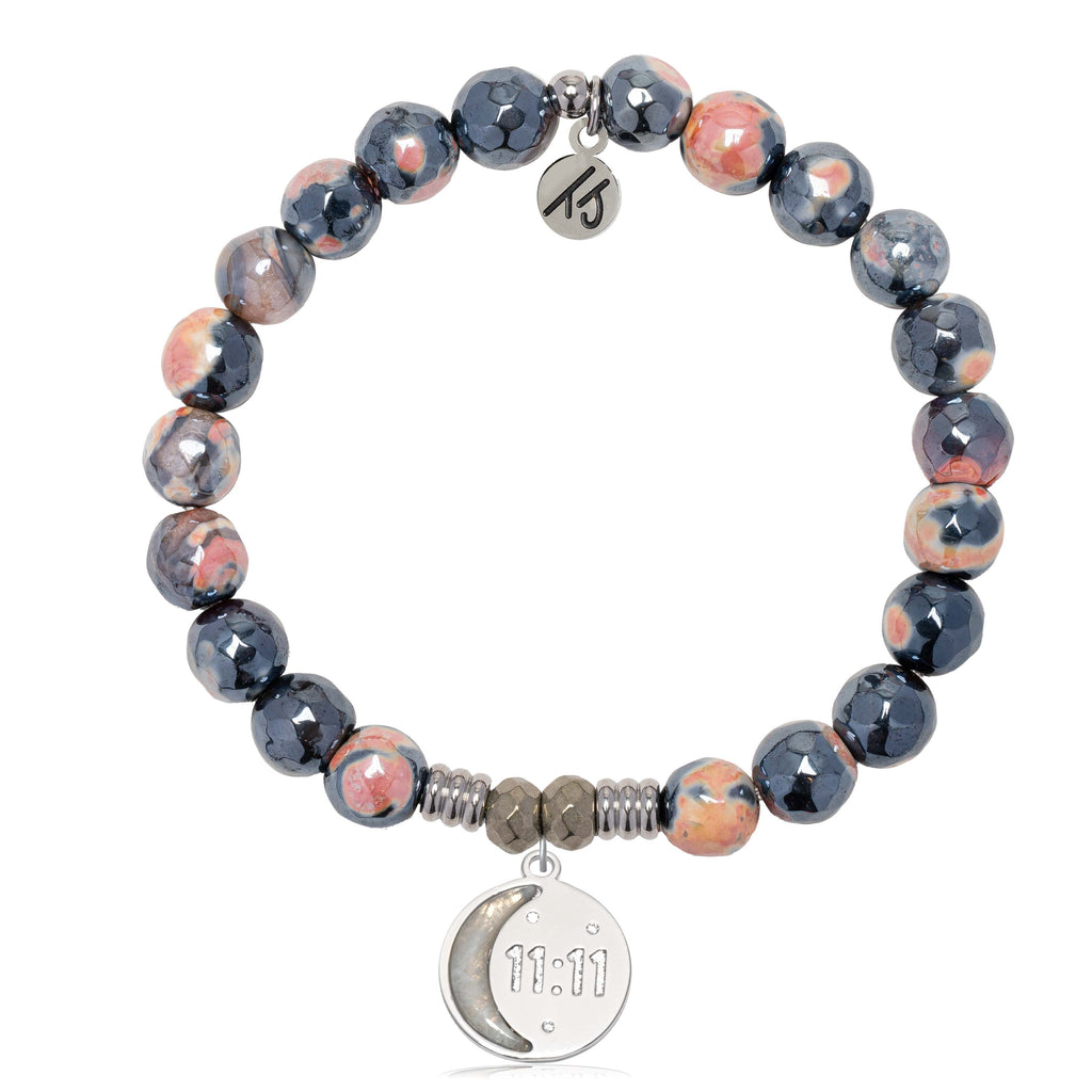 Orange Black Agate Gemstone Bracelet with 11:11 Sterling Silver Charm