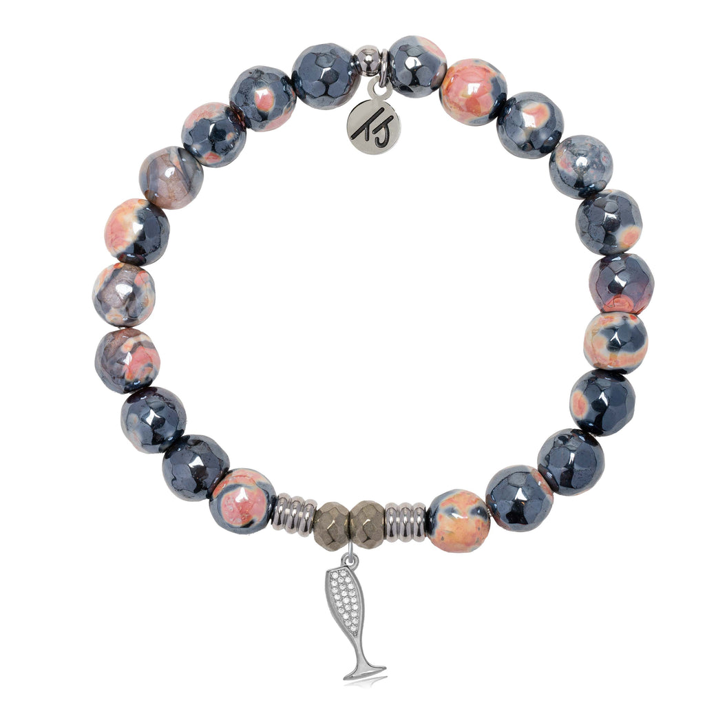 Orange Black Agate Gemstone Bracelet with Cheers Sterling Silver Charm