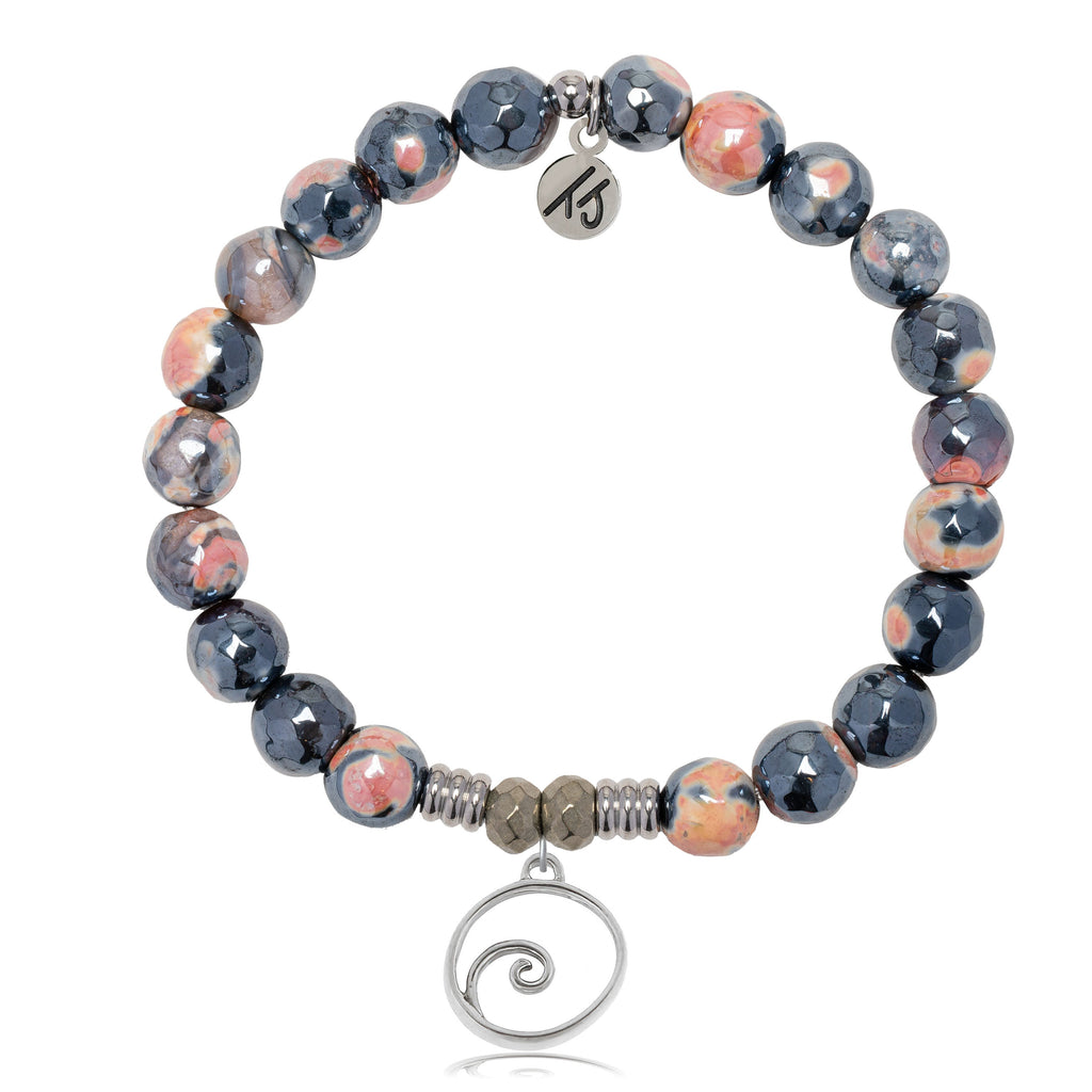 Orange Black Agate Gemstone Bracelet with Wave Sterling Silver Charm