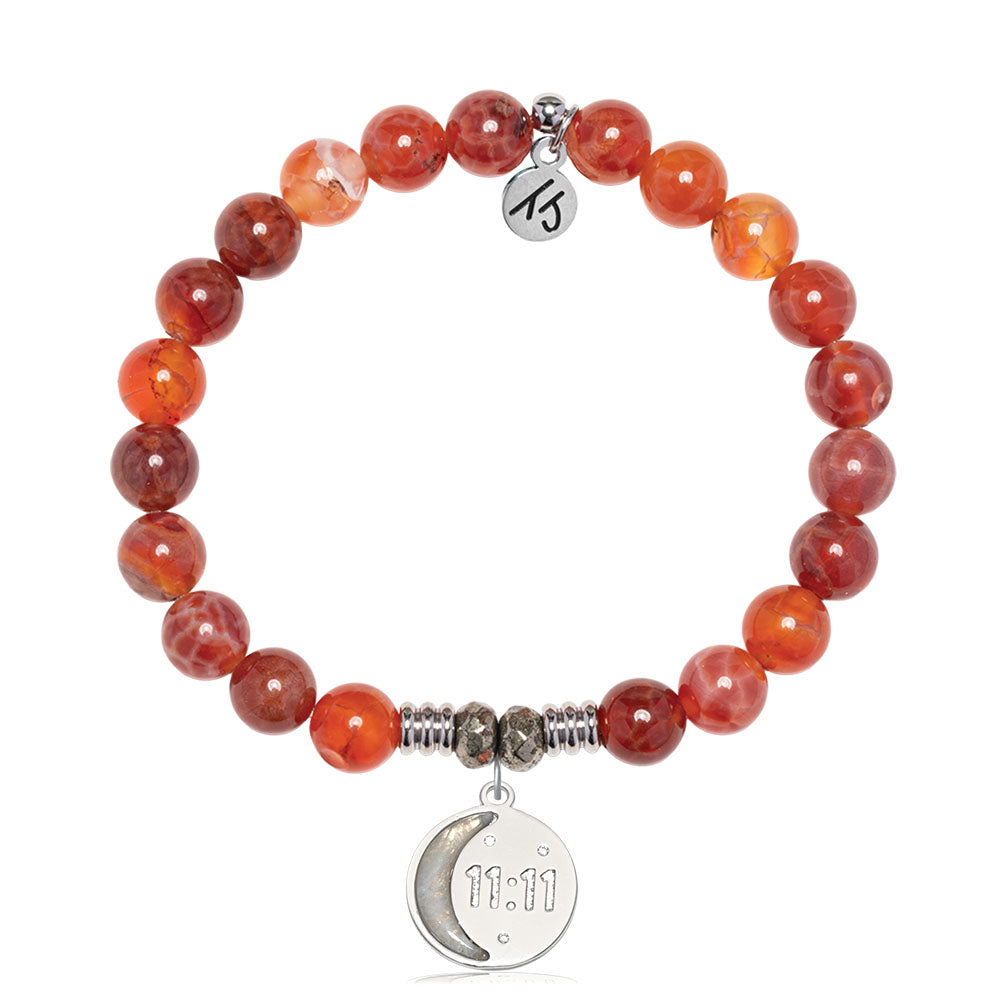 Orange Fire Agate Gemstone Bracelet with 11:11 Sterling Silver Charm