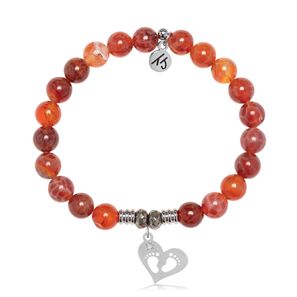 Orange Fire Agate Gemstone Bracelet with Baby Feet Sterling Silver Charm