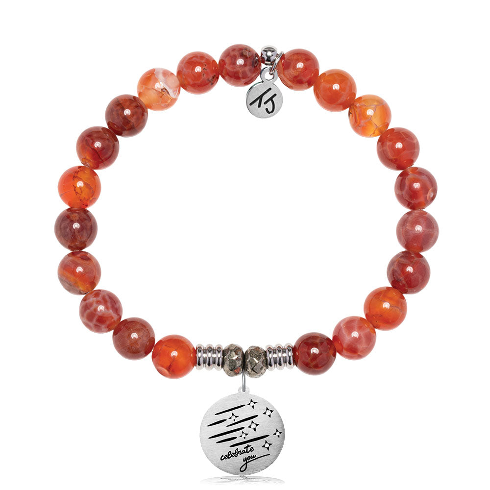 Orange Fire Agate Gemstone Bracelet with Birthday Wishes Sterling Silver Charm