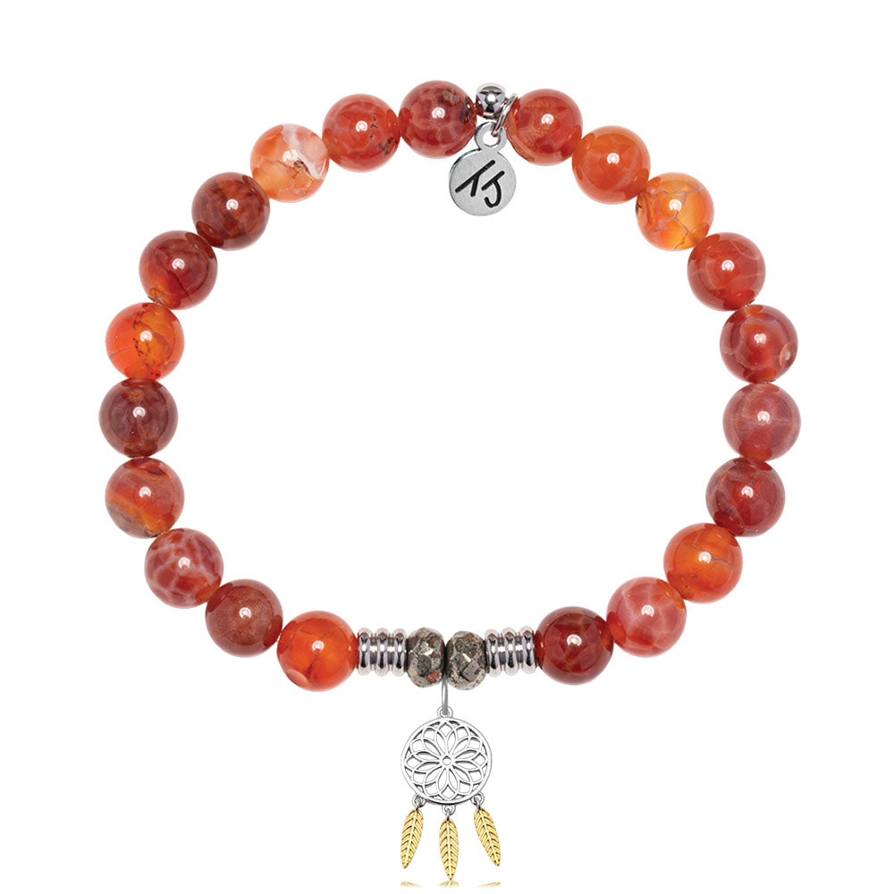 Orange Fire Agate Gemstone Bracelet with Dream Catcher Sterling Silver Charm