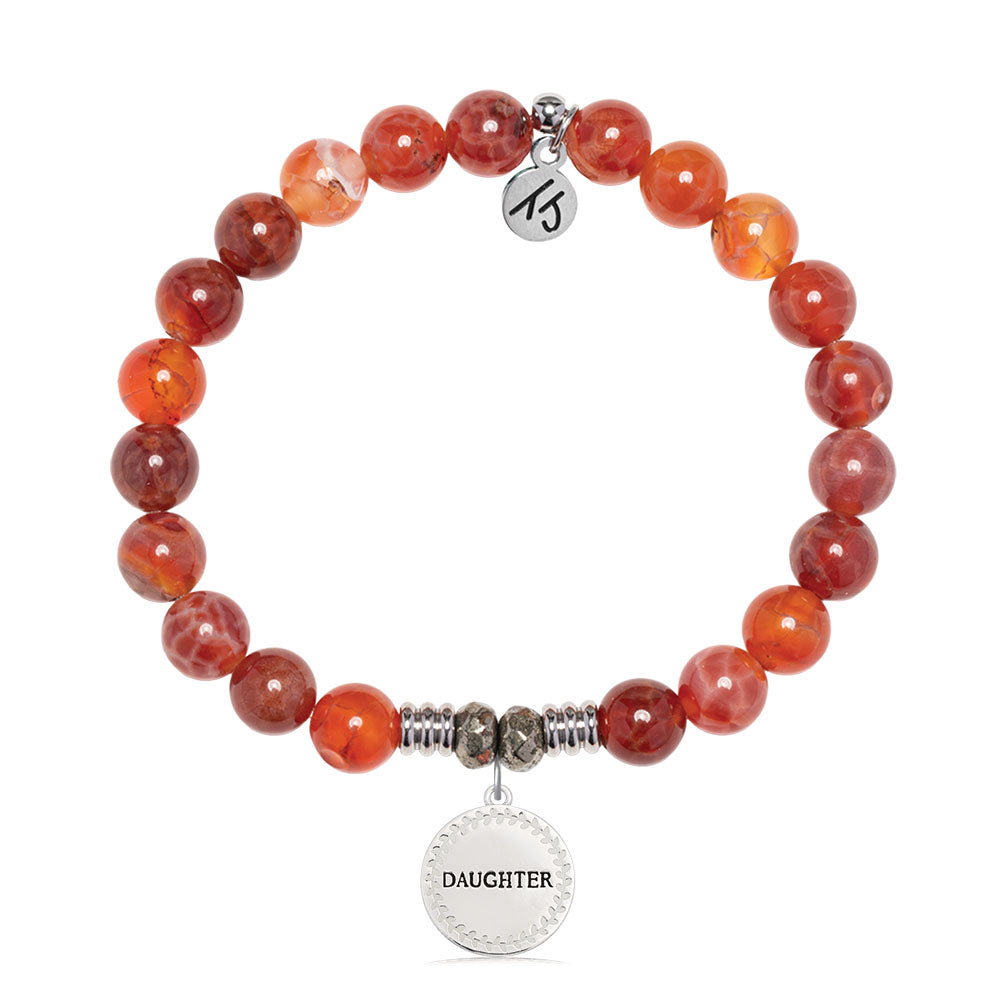 Orange Fire Agate Gemstone Bracelet with Endless Love Daughter Sterling Silver Charm