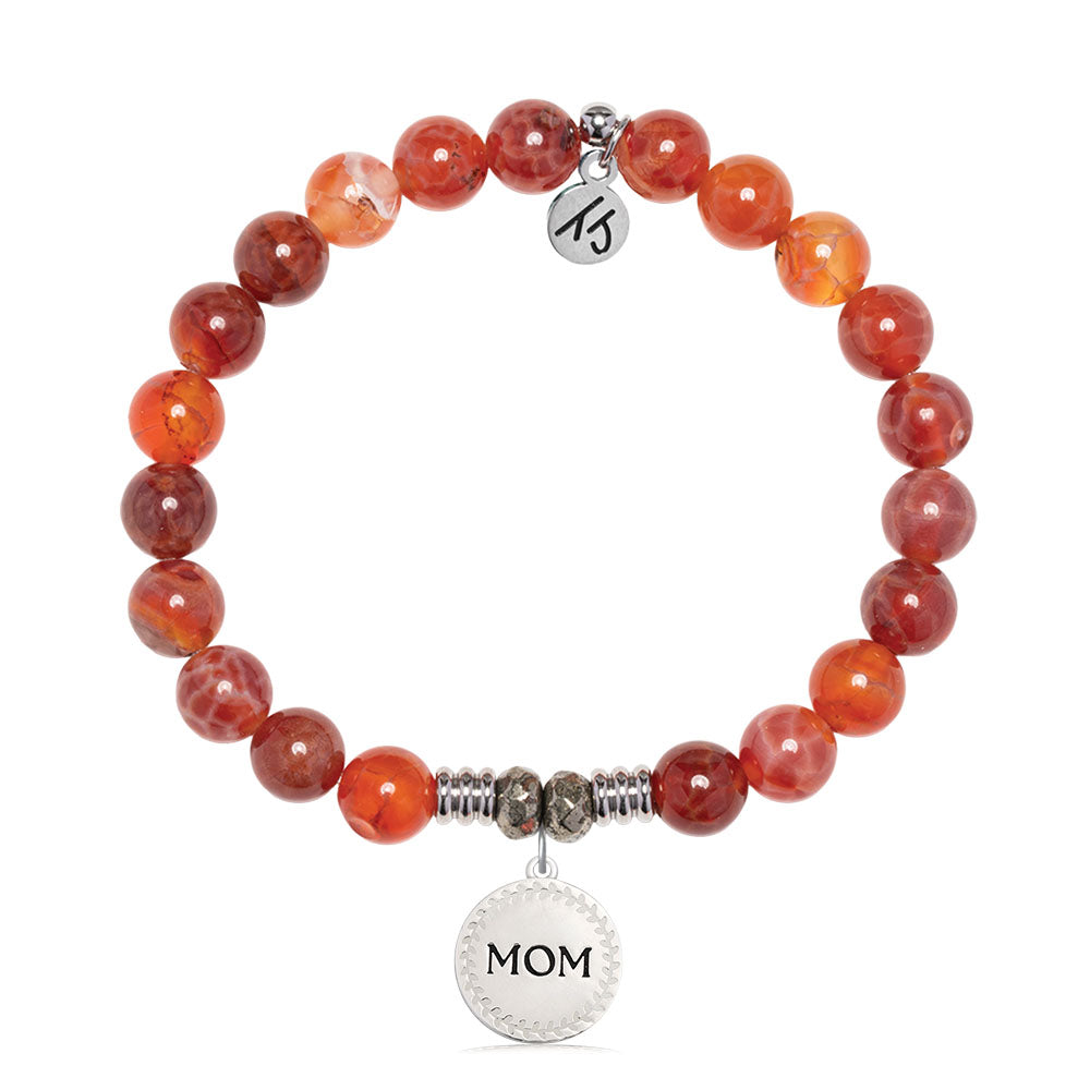 Orange Fire Agate Gemstone Bracelet with Endless Love Mom Sterling Silver Charm