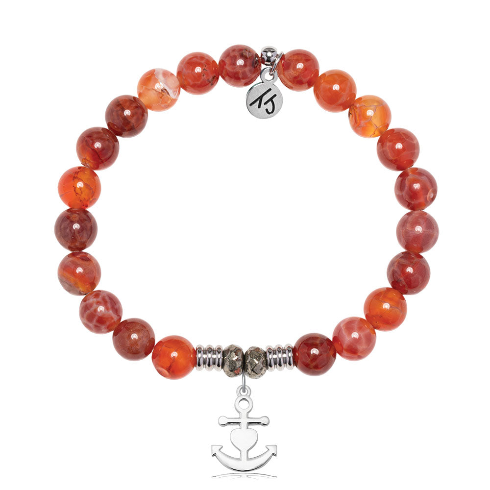 Orange Fire Agate Gemstone Bracelet with Faith. Hope. Love Sterling Silver Charm