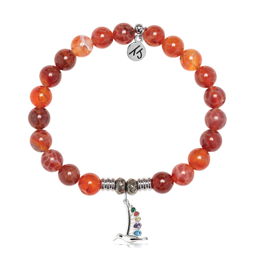 Orange Fire Agate Gemstone Bracelet with Hummingbird Sterling Silver Charm