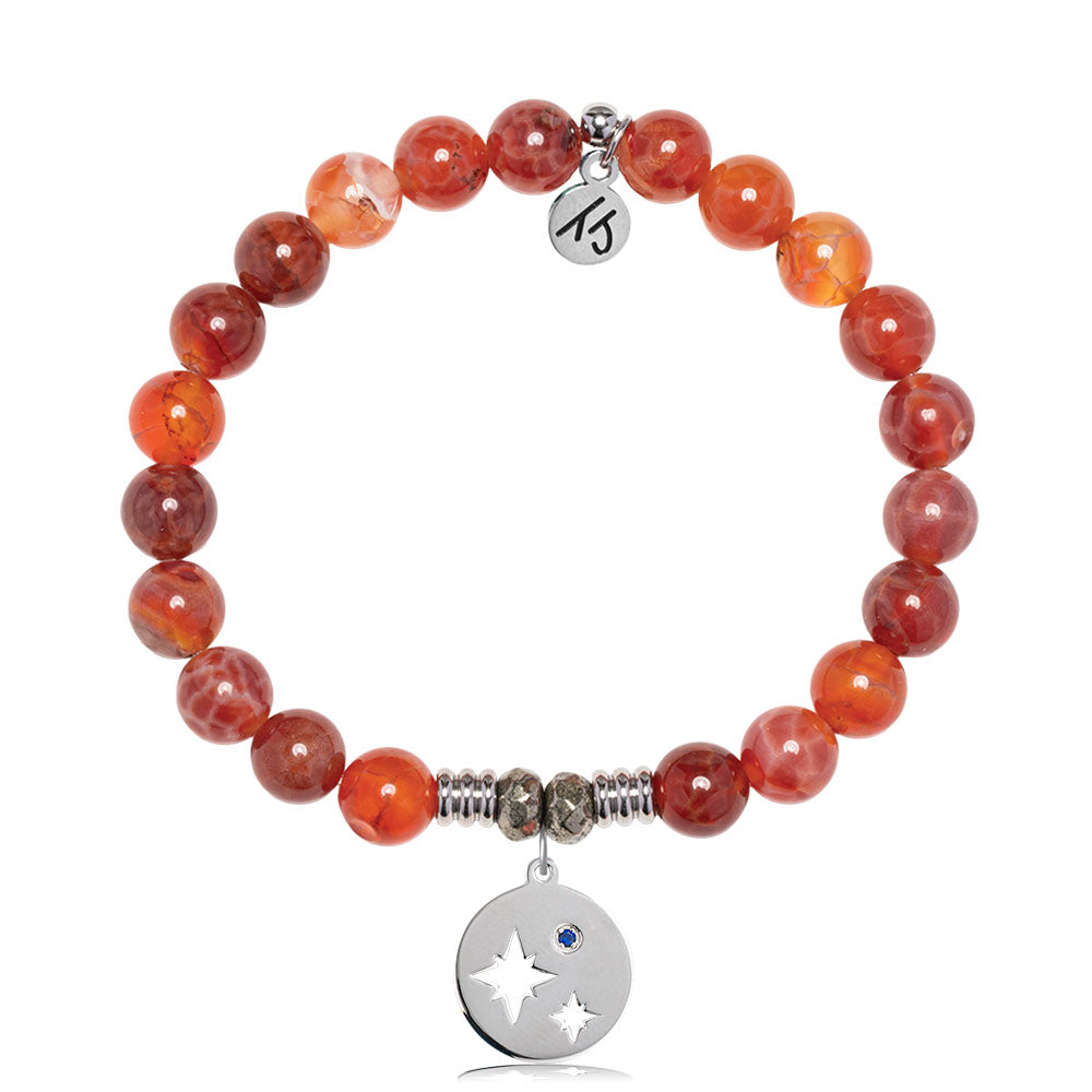 Orange Fire Agate Gemstone Bracelet with Mother Son Sterling Silver Charm
